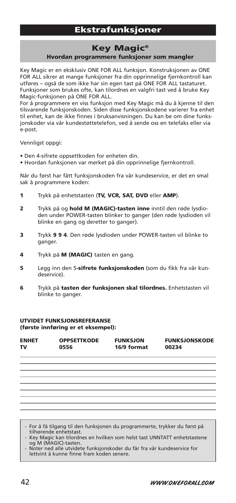 Key magic, Ekstrafunksjoner | One for All 704918 User Manual | Page 42 / 168