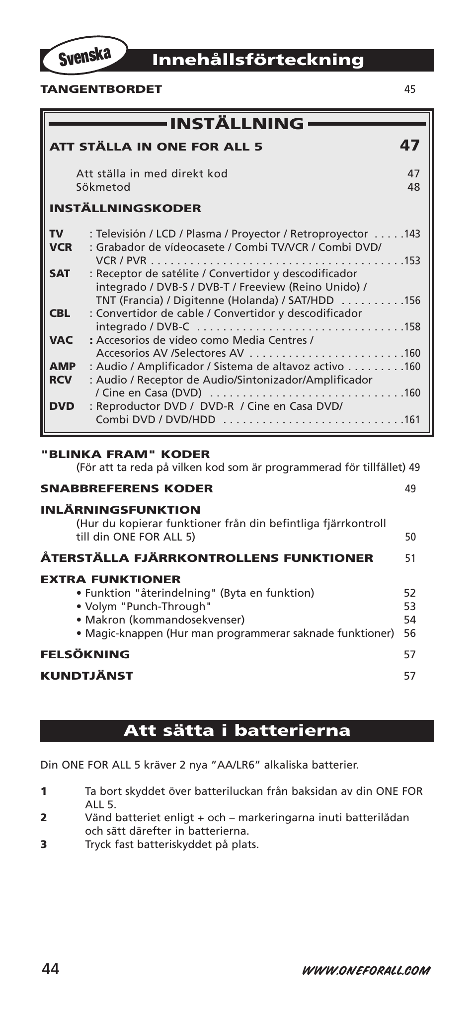 Svenska, Inställning, Innehållsförteckning | Att sätta i batterierna | One for All 704918 User Manual | Page 44 / 168