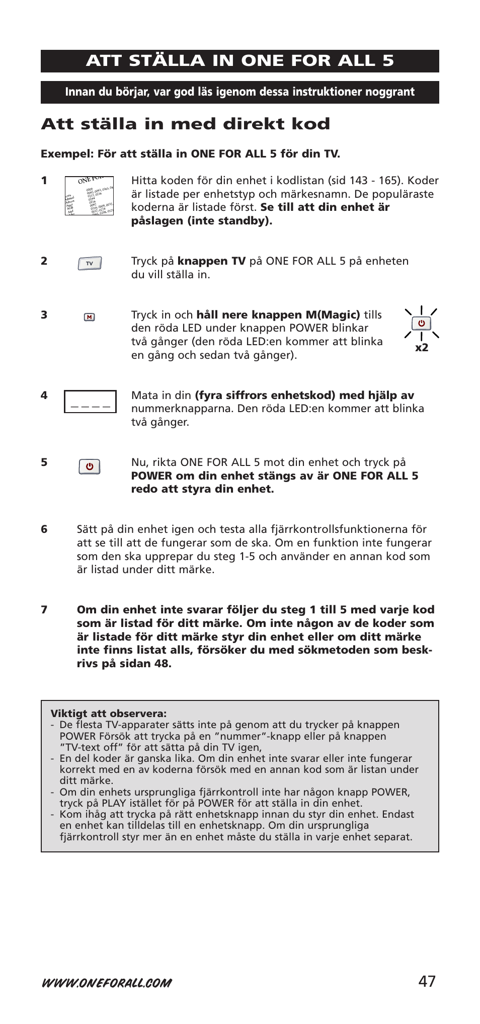 47 att ställa in med direkt kod, Att ställa in one for all 5 | One for All 704918 User Manual | Page 47 / 168