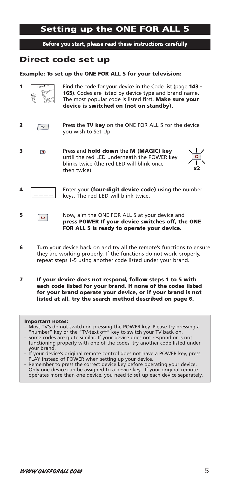 5direct code set up, Setting up the one for all 5 | One for All 704918 User Manual | Page 5 / 168