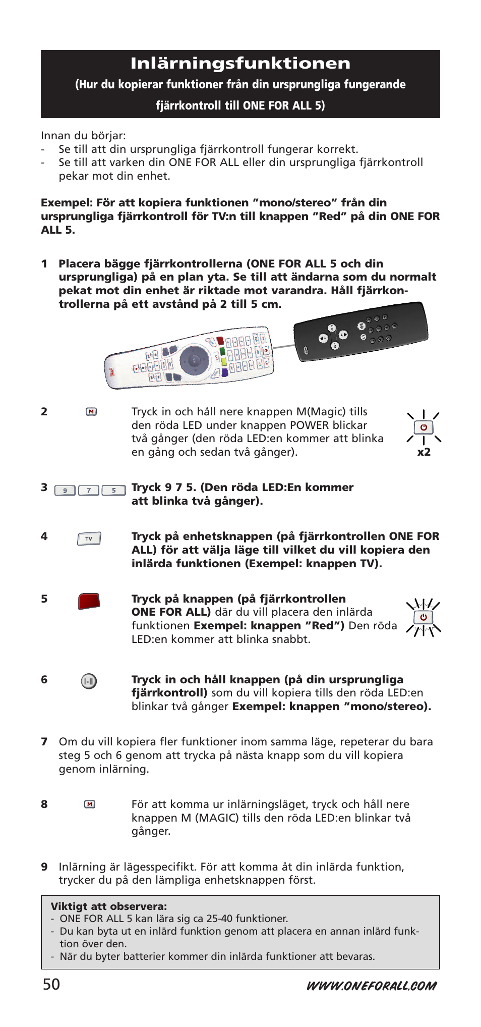 Inlärningsfunktionen | One for All 704918 User Manual | Page 50 / 168