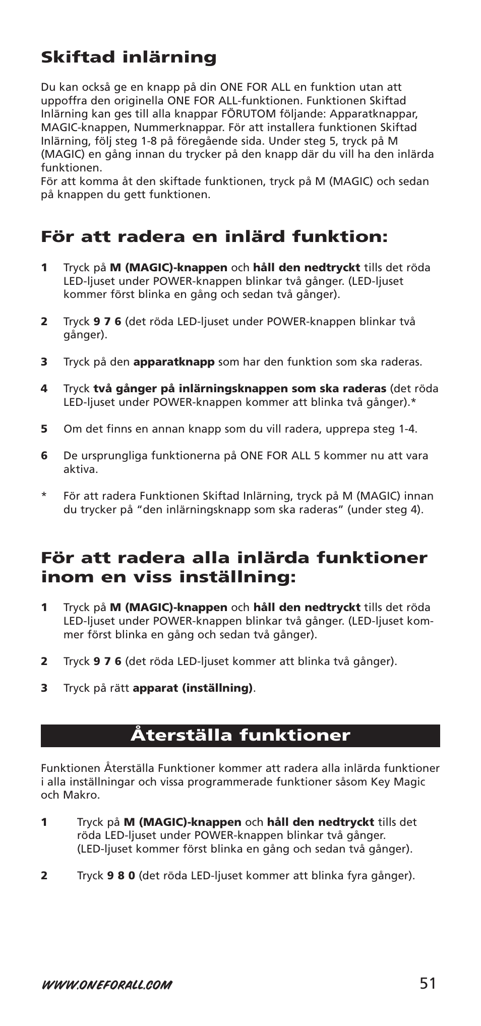 51 skiftad inlärning, För att radera en inlärd funktion, Återställa funktioner | One for All 704918 User Manual | Page 51 / 168