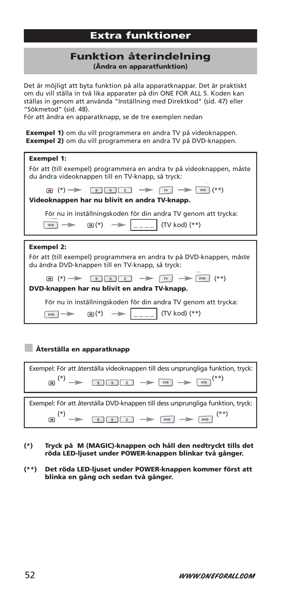 Extra funktioner funktion återindelning | One for All 704918 User Manual | Page 52 / 168