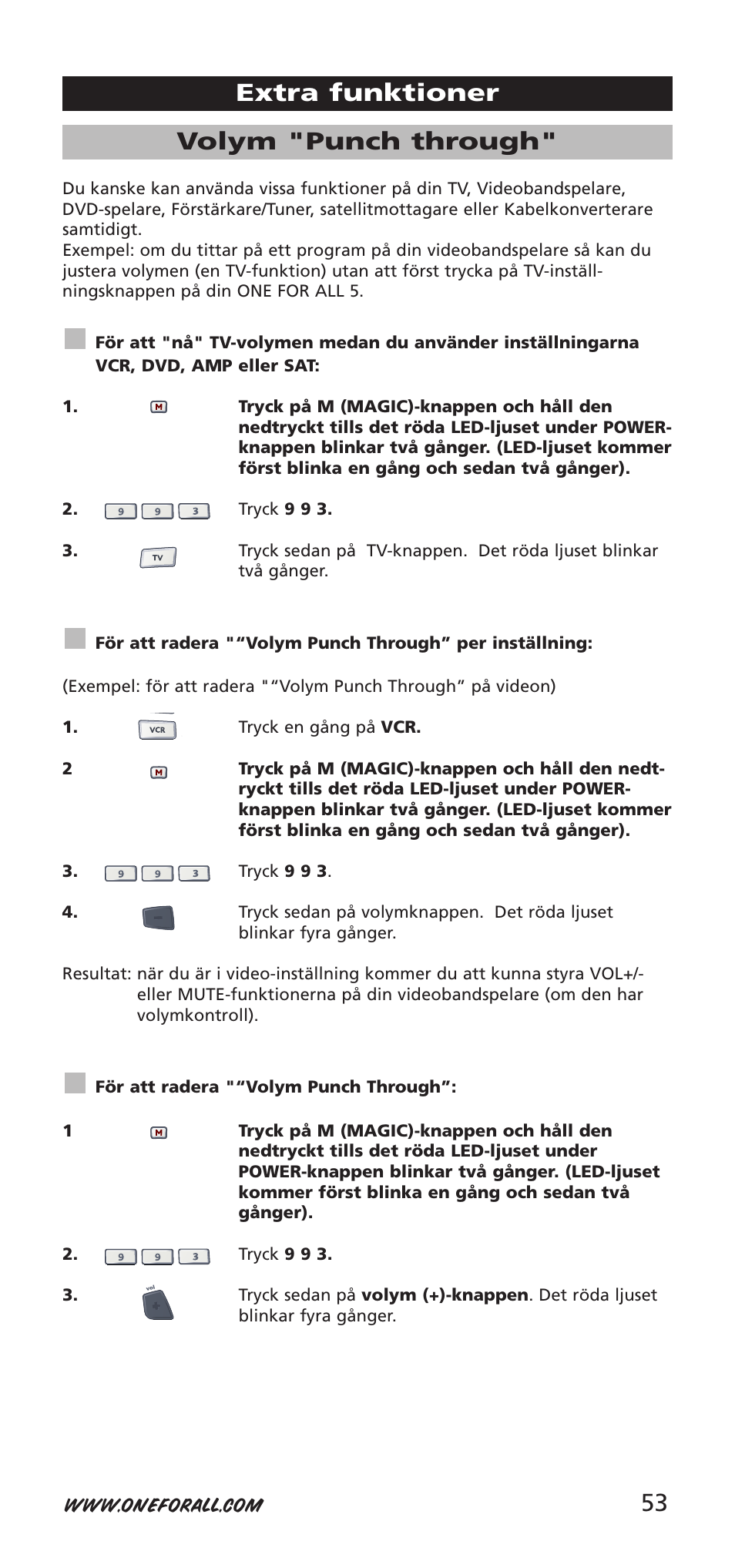 53 volym "punch through, Extra funktioner | One for All 704918 User Manual | Page 53 / 168