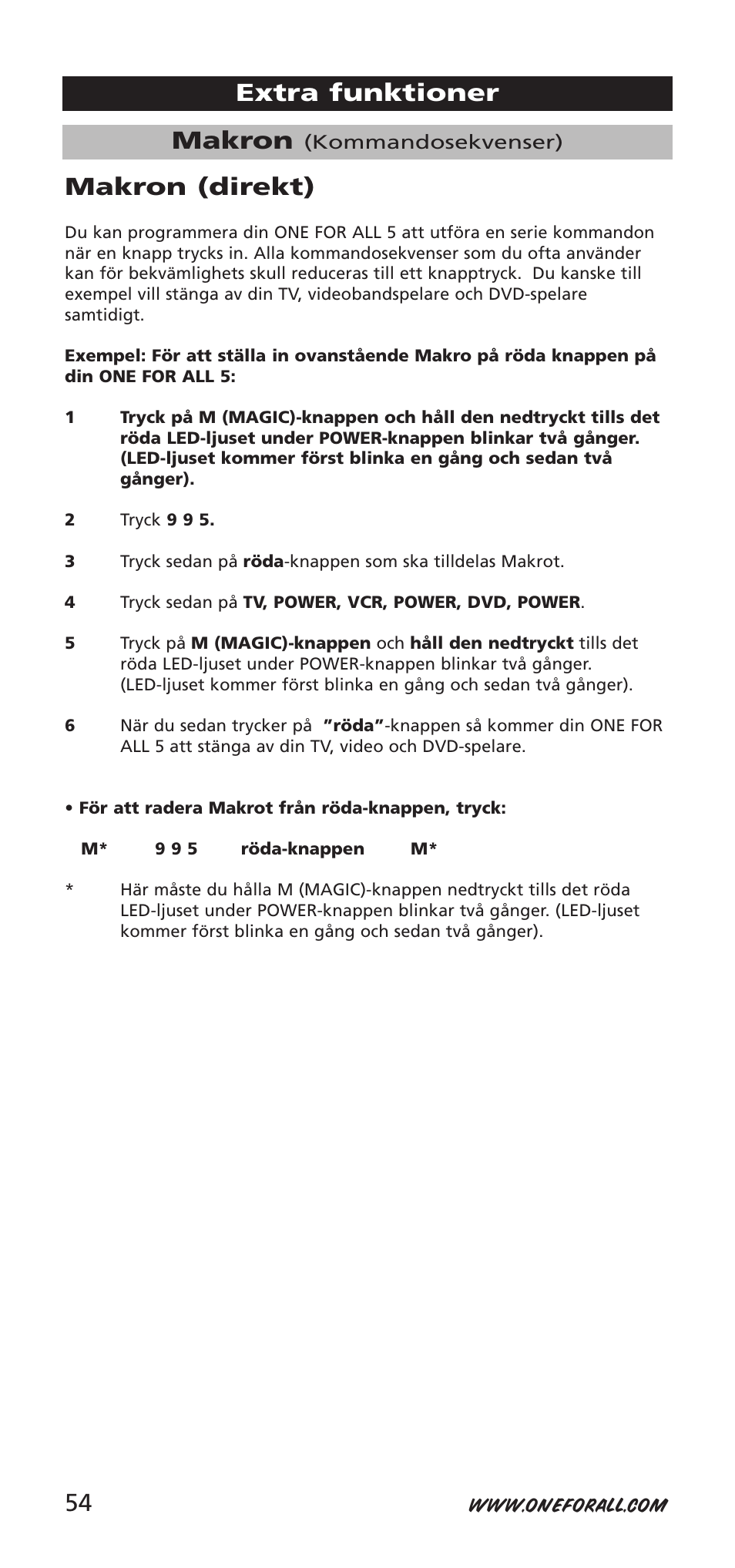 Makron, Extra funktioner makron (direkt) | One for All 704918 User Manual | Page 54 / 168