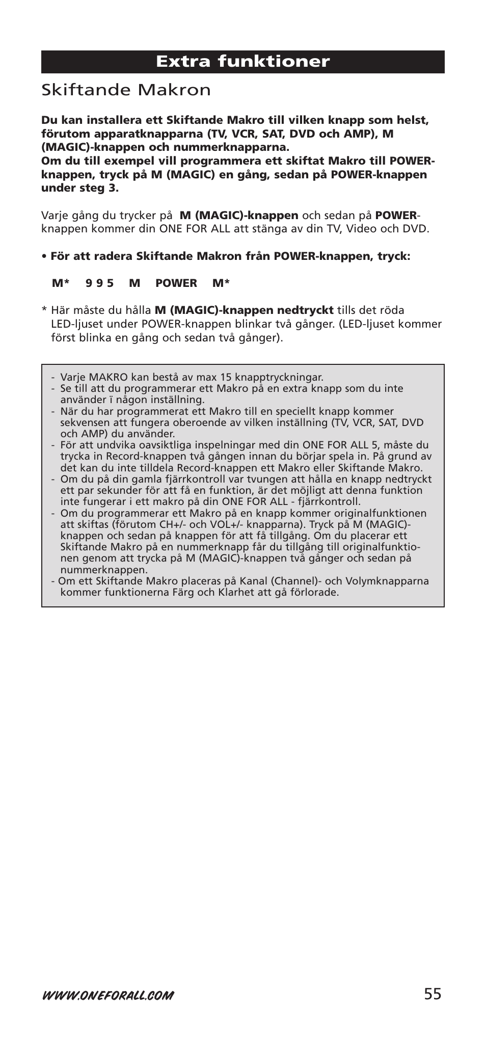 55 skiftande makron, Extra funktioner | One for All 704918 User Manual | Page 55 / 168