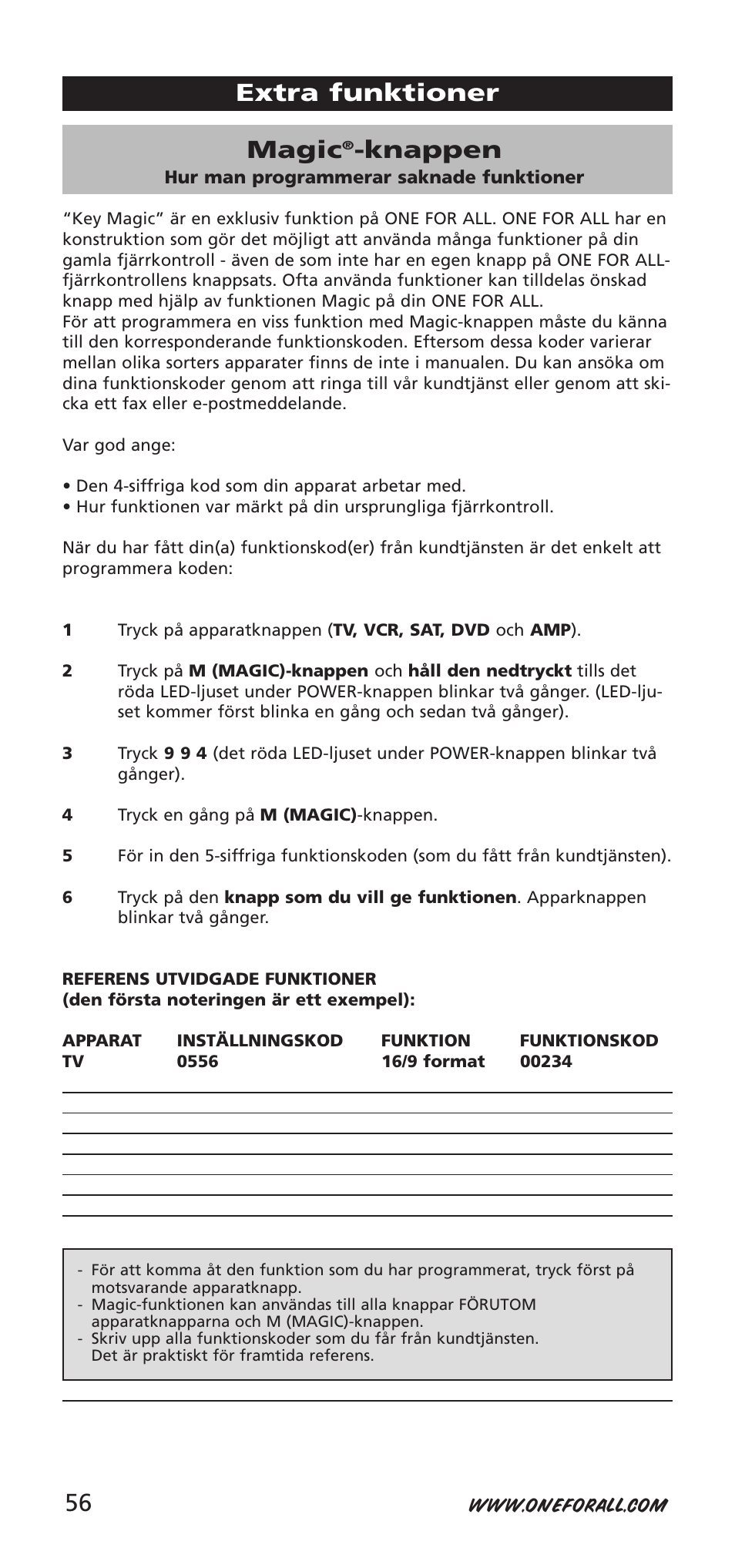 Magic, Knappen, Extra funktioner | One for All 704918 User Manual | Page 56 / 168