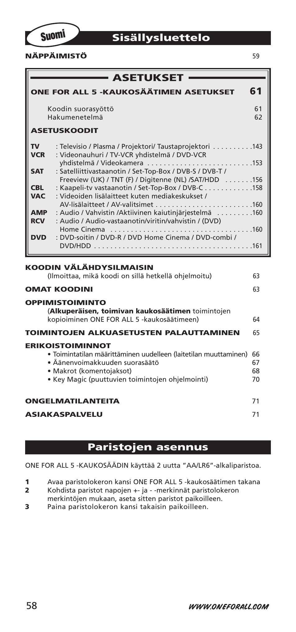 Suomi, Asetukset, Sisällysluettelo | Paristojen asennus | One for All 704918 User Manual | Page 58 / 168