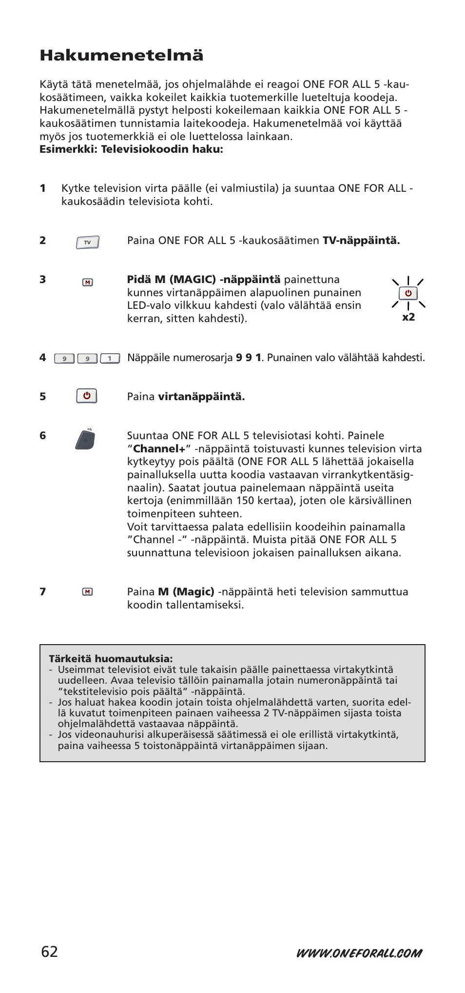 Hakumenetelmä | One for All 704918 User Manual | Page 62 / 168