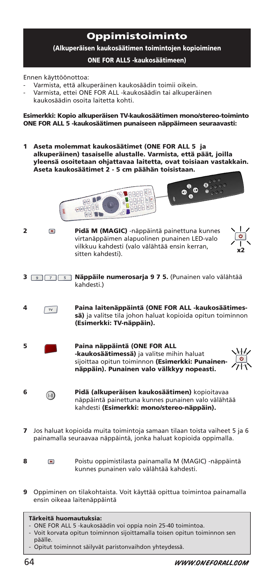 Oppimistoiminto | One for All 704918 User Manual | Page 64 / 168