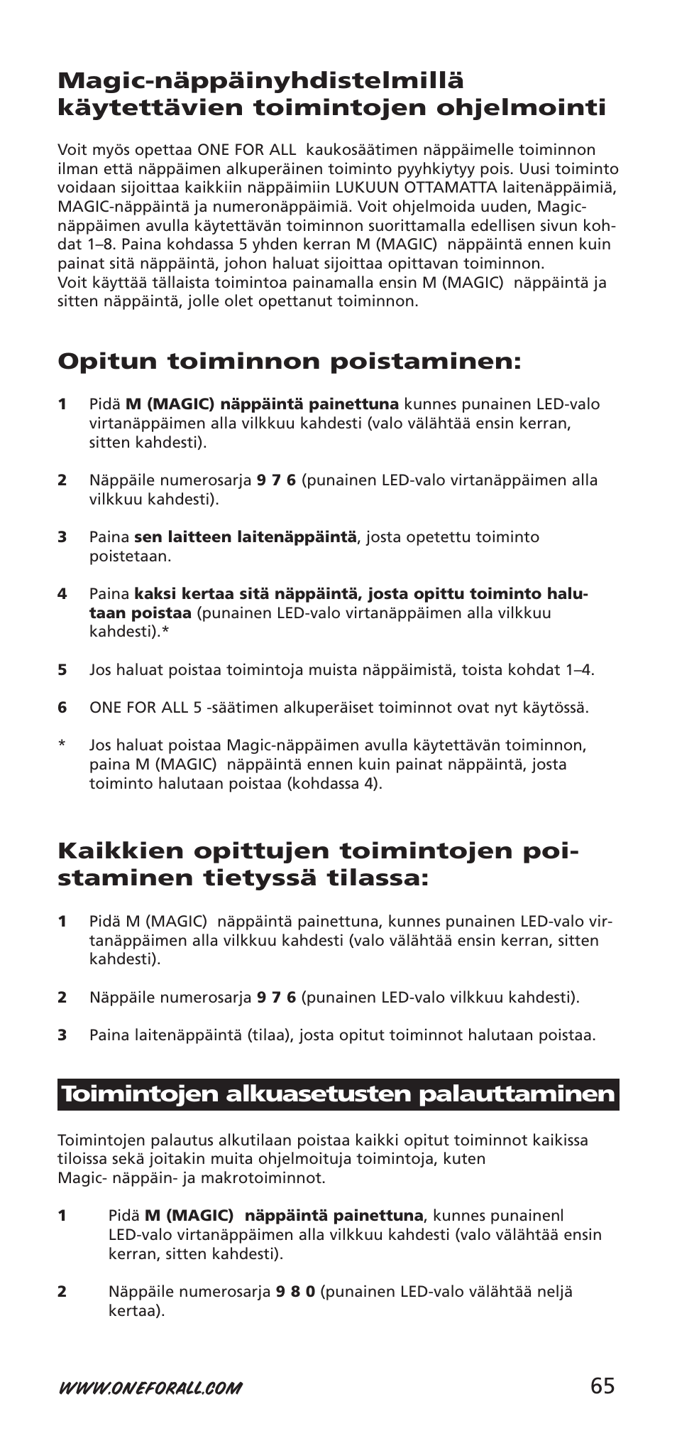 Opitun toiminnon poistaminen, Toimintojen alkuasetusten palauttaminen | One for All 704918 User Manual | Page 65 / 168