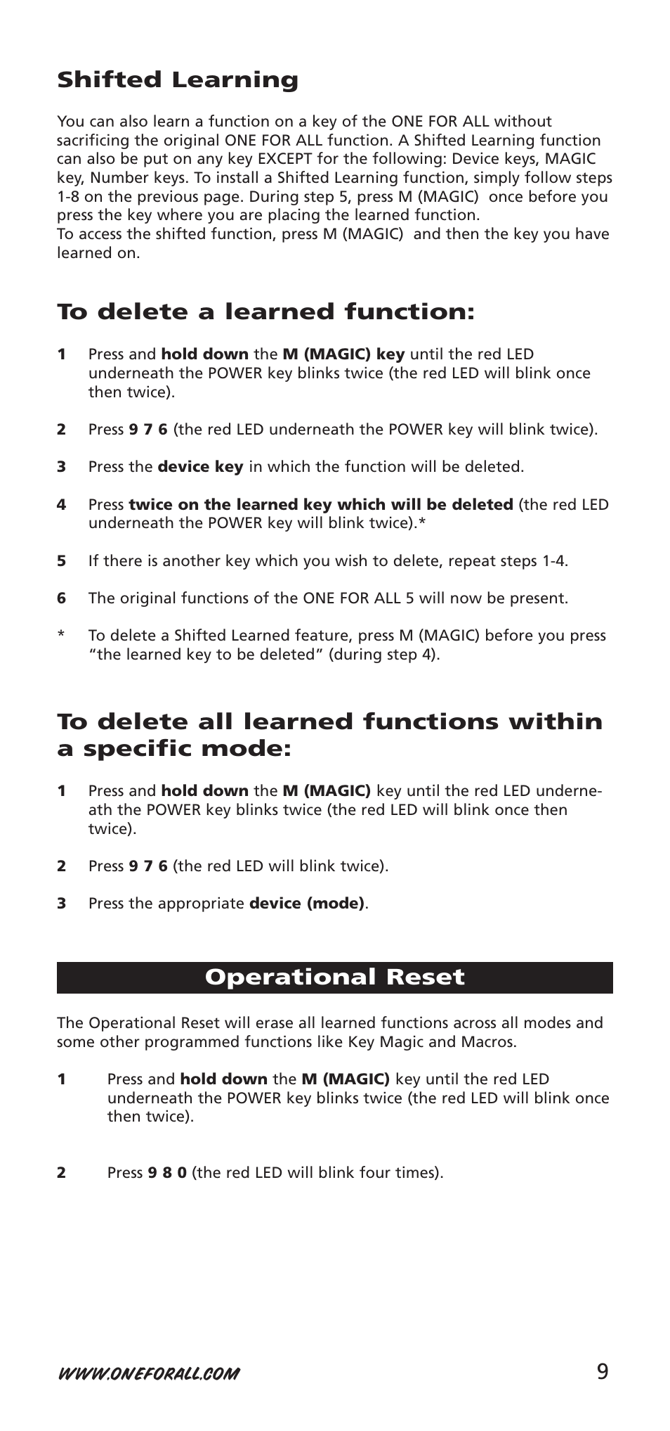 9shifted learning, Operational reset | One for All 704918 User Manual | Page 9 / 168