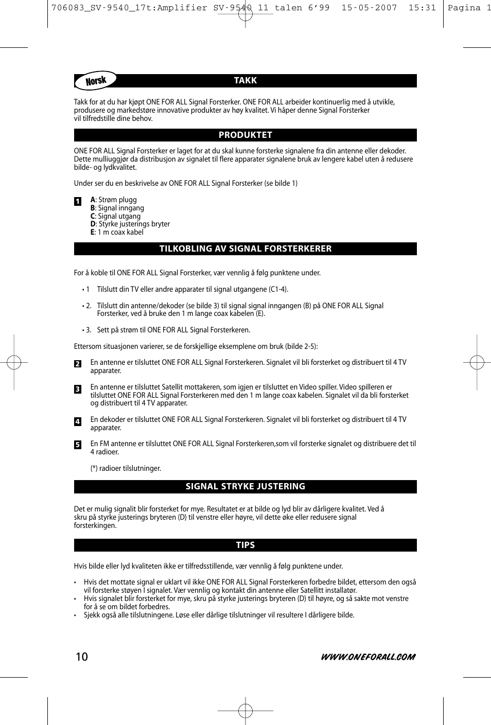 Norsk | One for All SV-9540 User Manual | Page 12 / 26