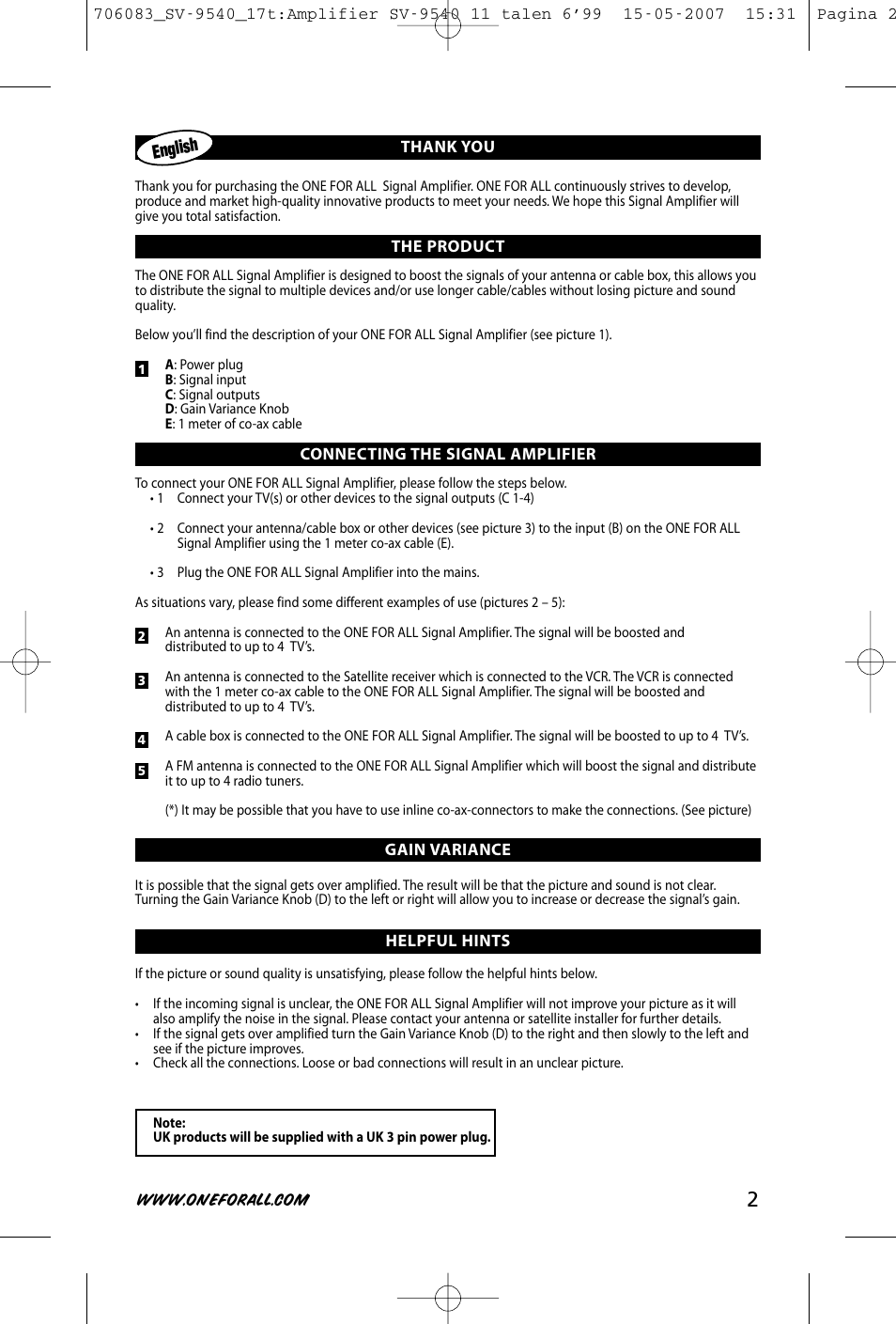 English | One for All SV-9540 User Manual | Page 4 / 26