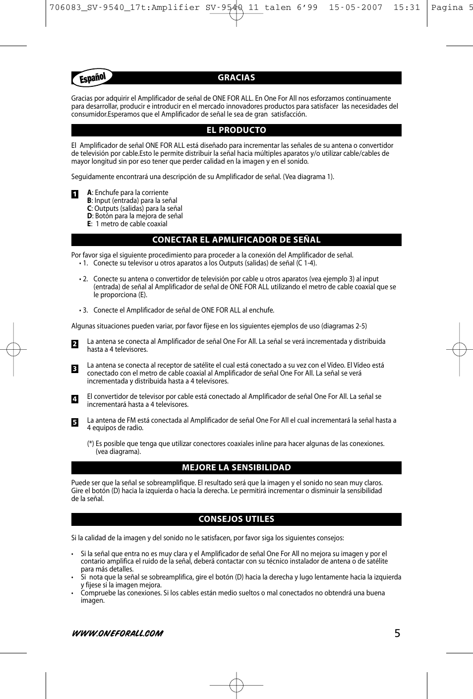 Español | One for All SV-9540 User Manual | Page 7 / 26