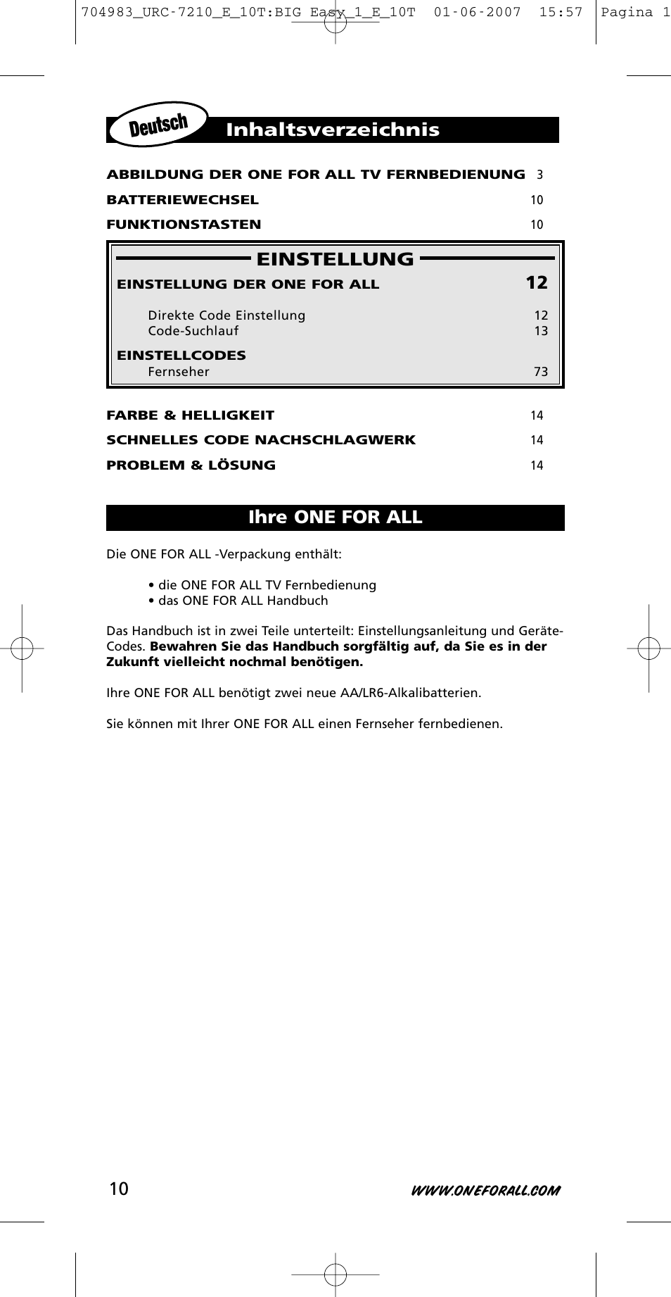 Deutsch, Einstellung, Inhaltsverzeichnis ihre one for all | One for All URC-7210 User Manual | Page 10 / 86