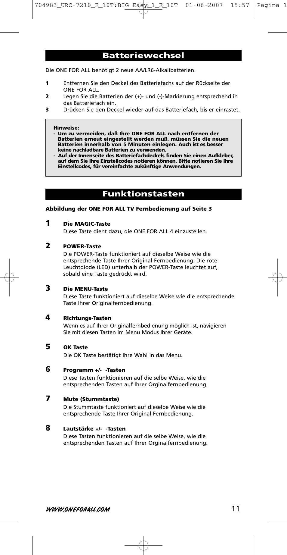 Batteriewechsel, Funktionstasten | One for All URC-7210 User Manual | Page 11 / 86