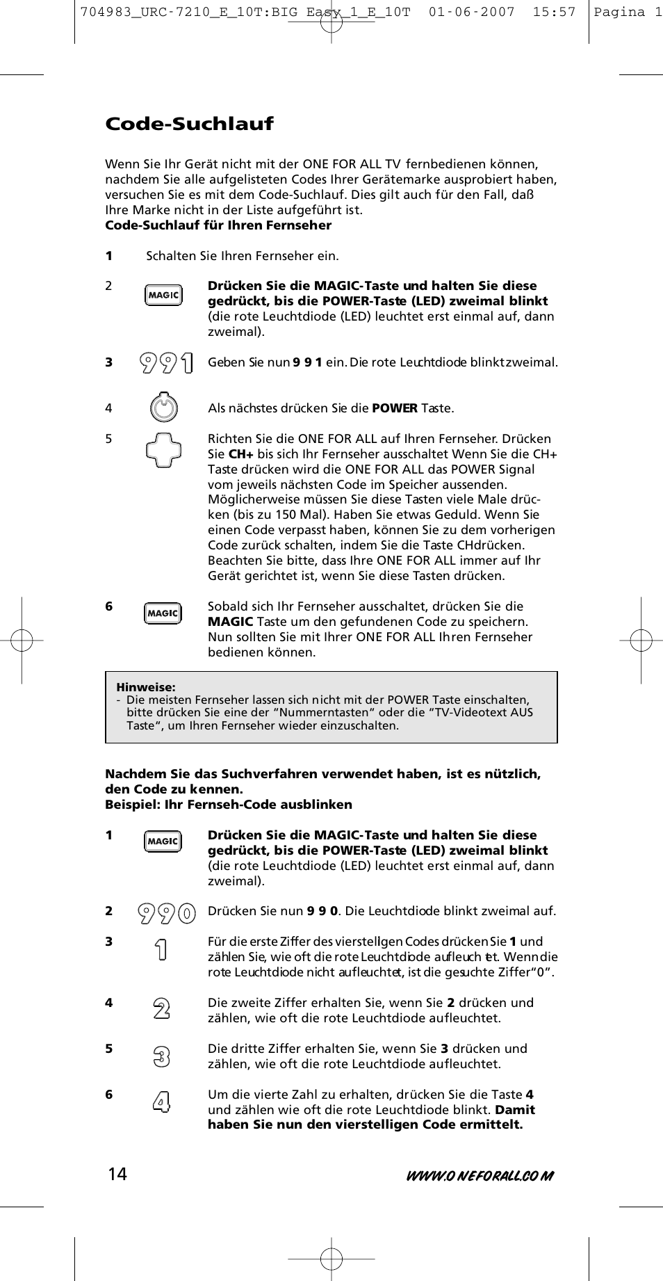 Code-suchlauf | One for All URC-7210 User Manual | Page 14 / 86