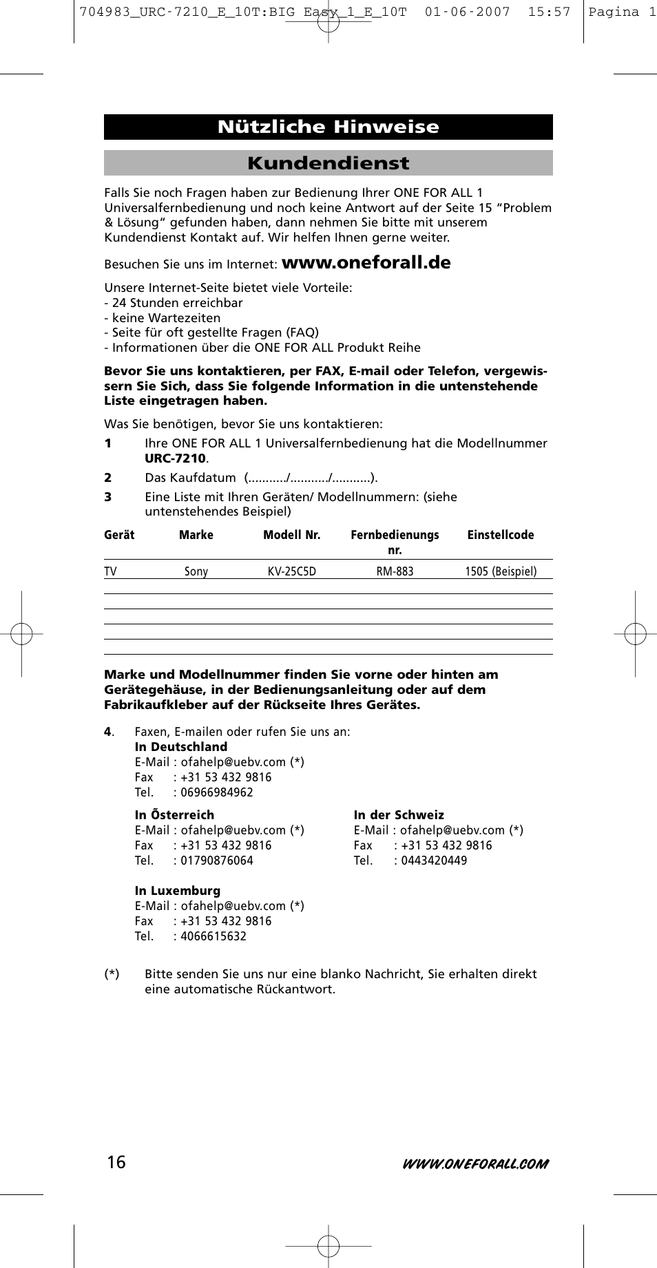 Kundendienst, Nützliche hinweise | One for All URC-7210 User Manual | Page 16 / 86