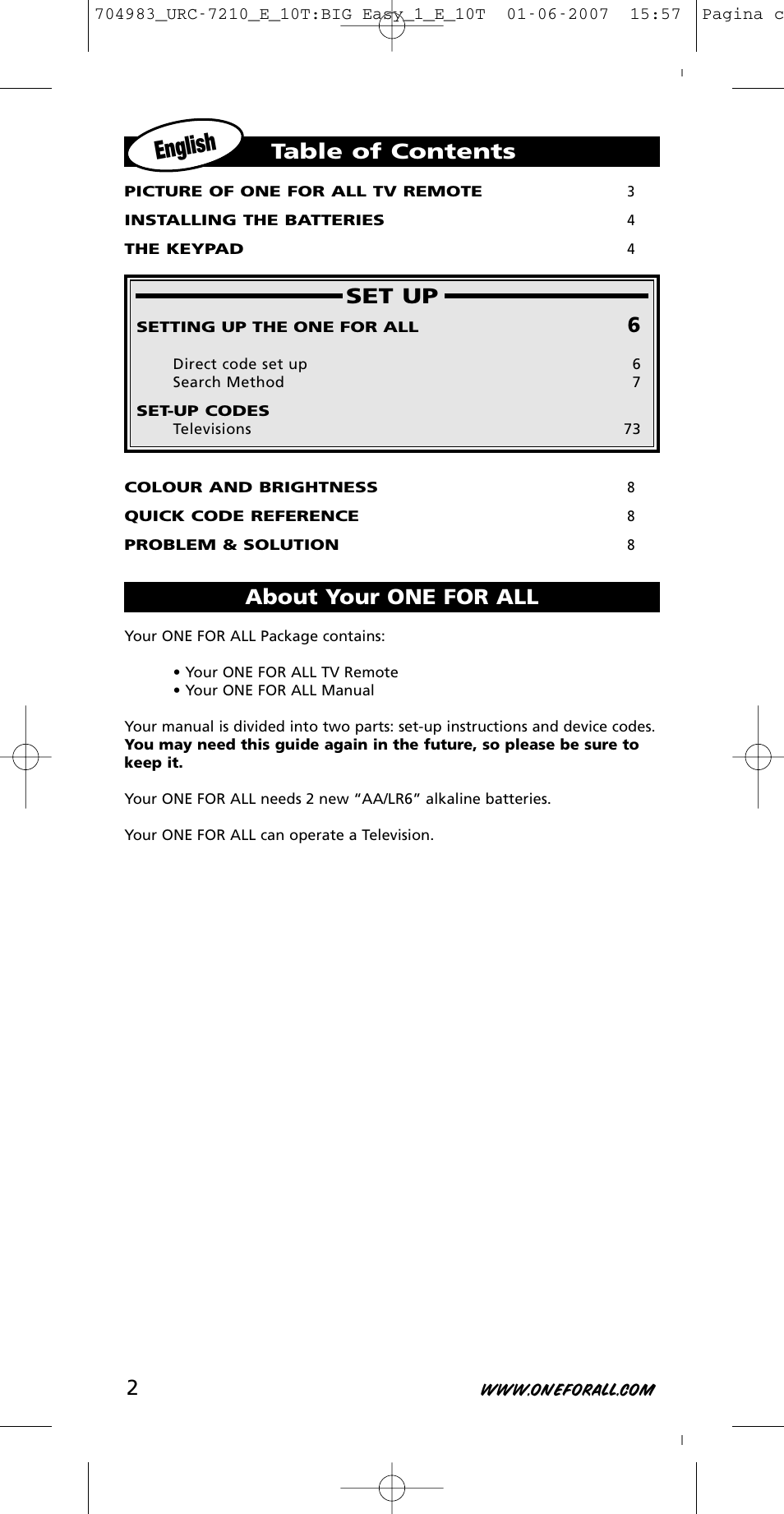 One for All URC-7210 User Manual | Page 2 / 86