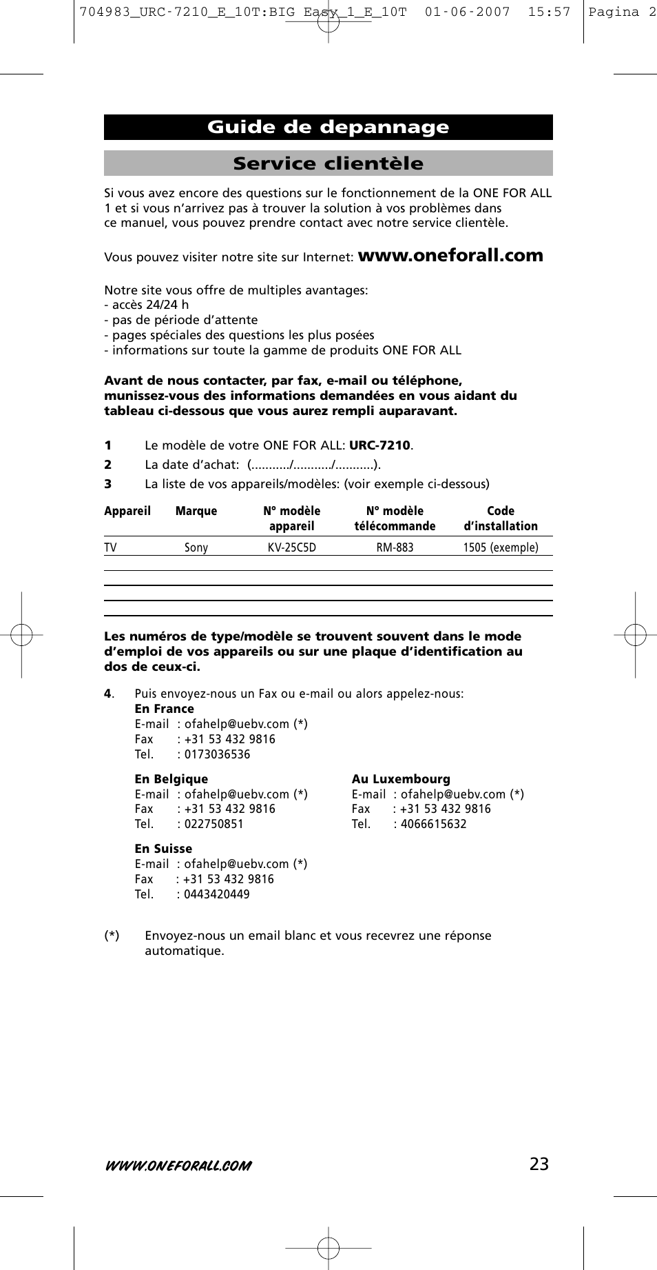 23 service clientèle, Guide de depannage | One for All URC-7210 User Manual | Page 23 / 86