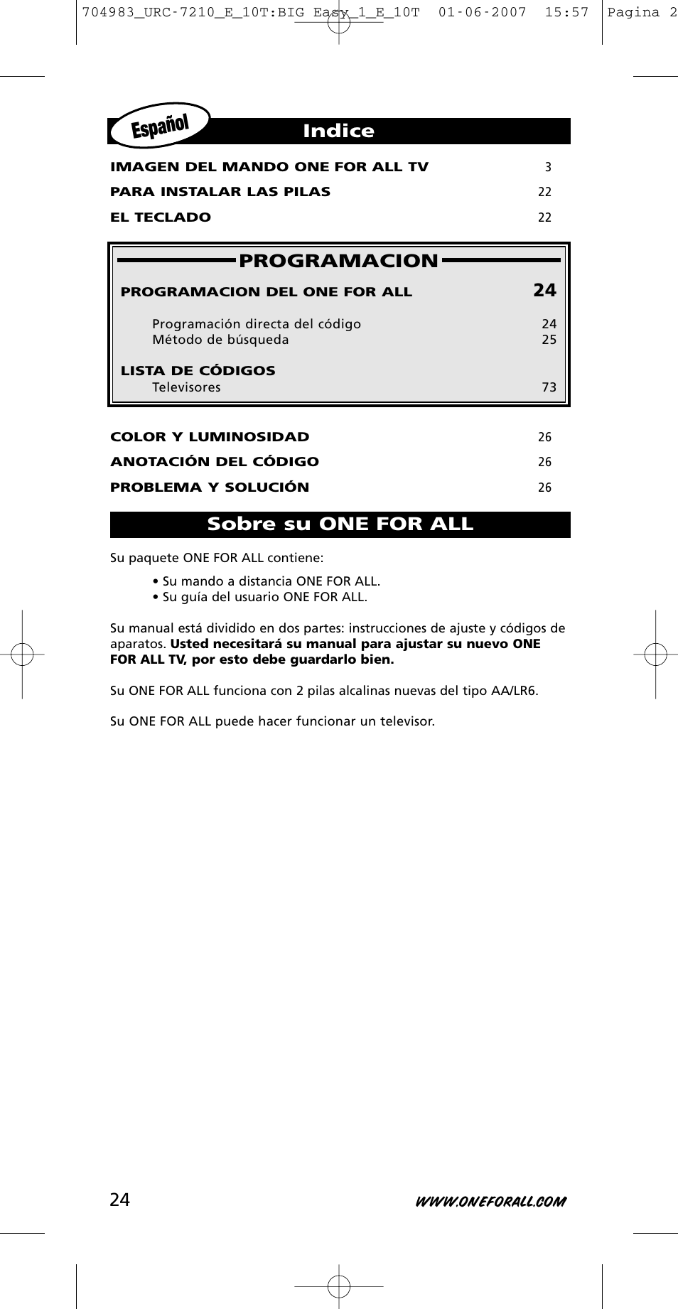 Español, Programacion, Sobre su one for all indice | One for All URC-7210 User Manual | Page 24 / 86