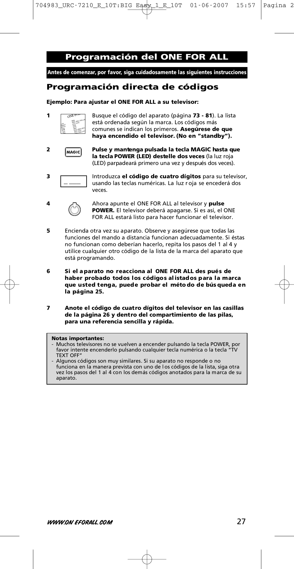 27 programación directa de códigos, Programación del one for all | One for All URC-7210 User Manual | Page 27 / 86