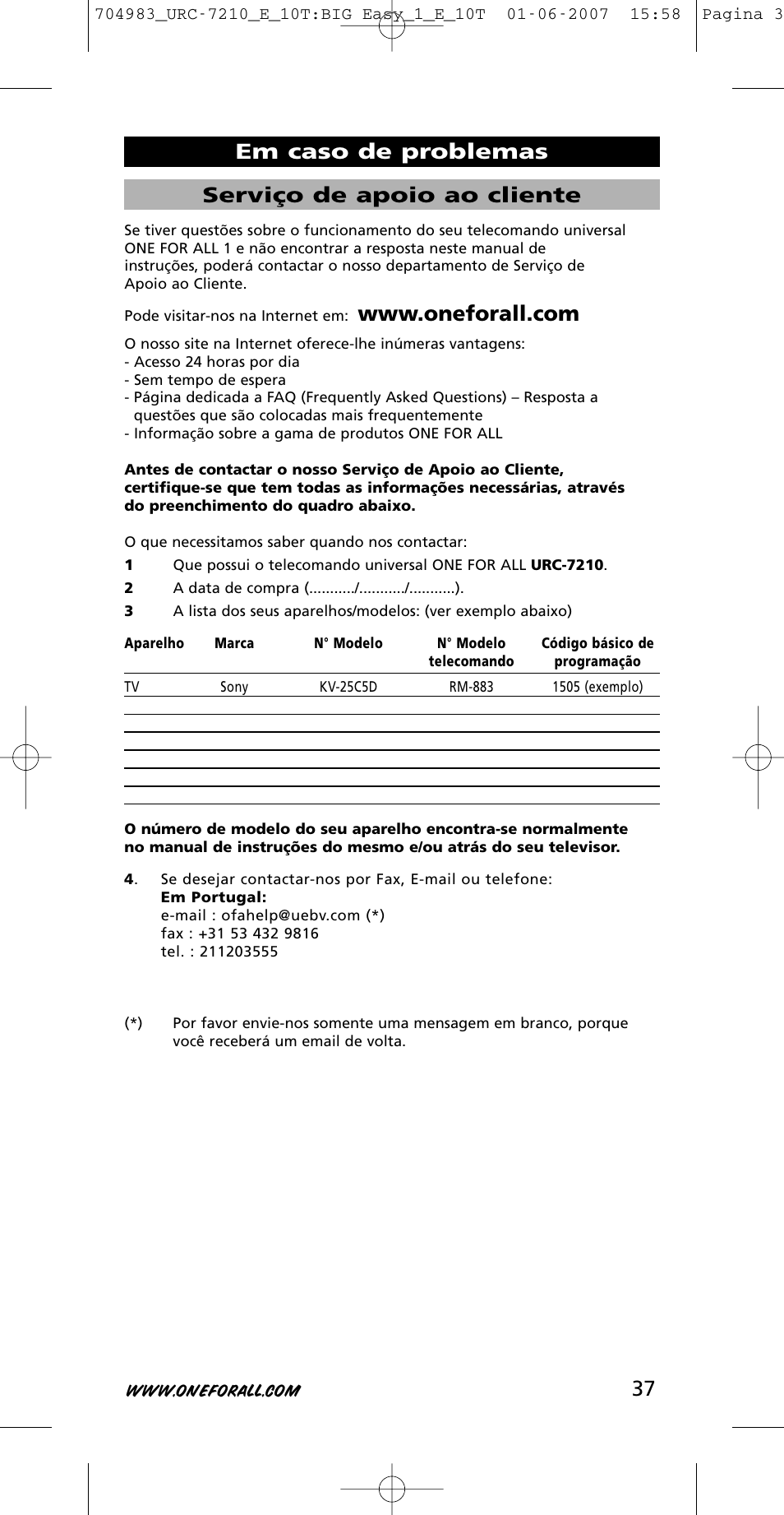 37 serviço de apoio ao cliente, Em caso de problemas | One for All URC-7210 User Manual | Page 37 / 86