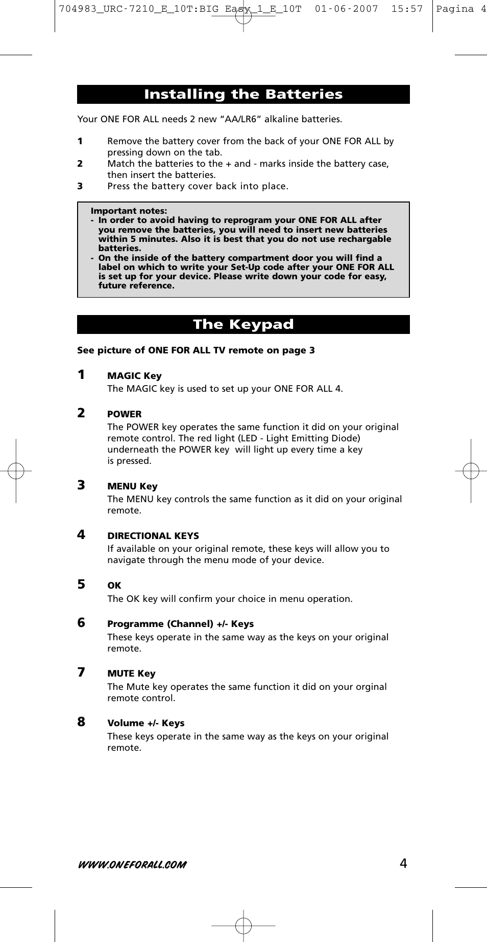 Installing the batteries, The keypad | One for All URC-7210 User Manual | Page 4 / 86