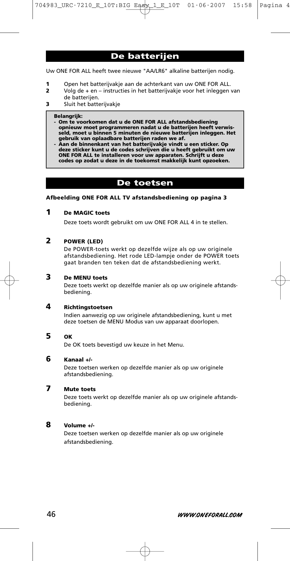 De batterijen de toetsen | One for All URC-7210 User Manual | Page 46 / 86