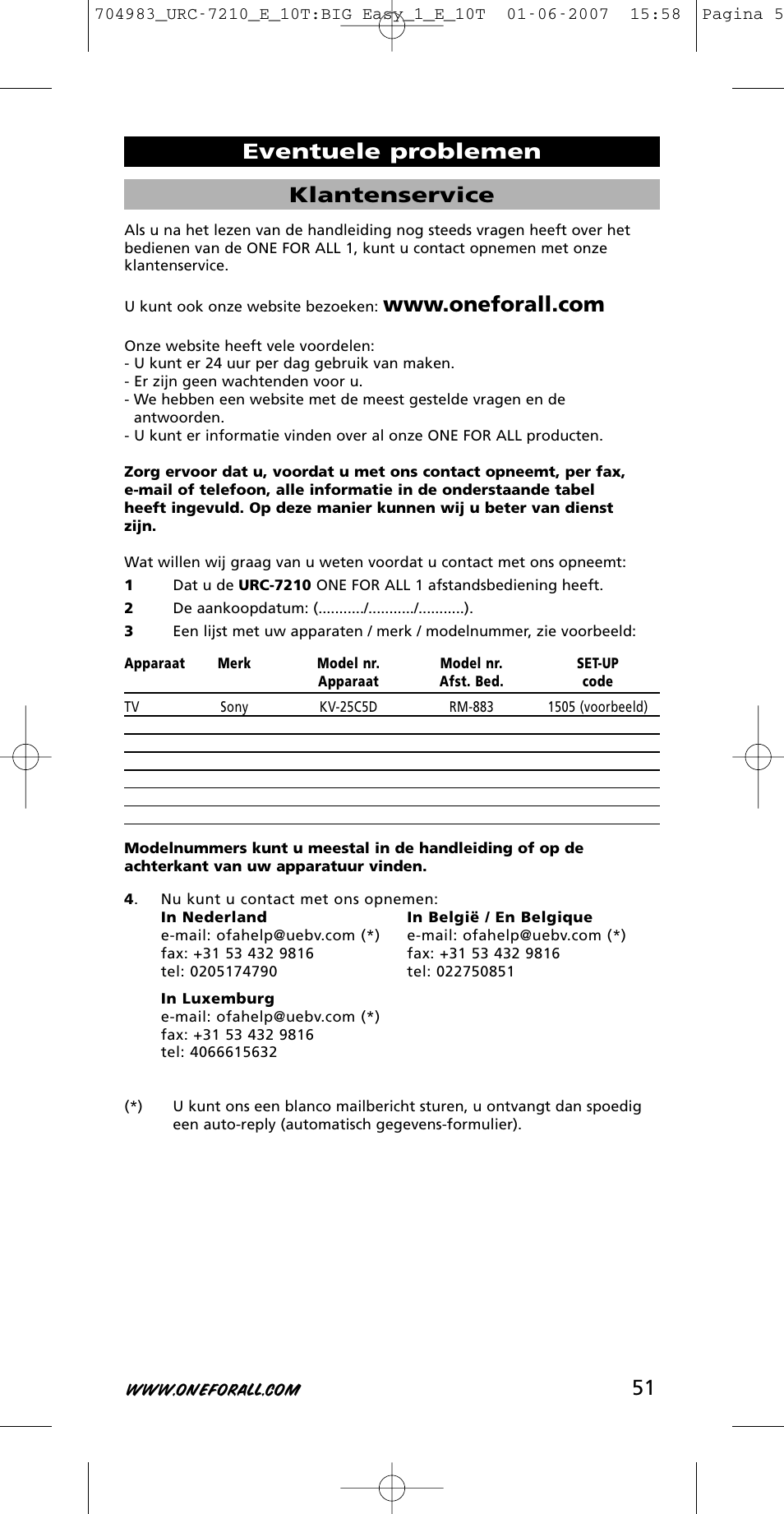 51 klantenservice, Eventuele problemen | One for All URC-7210 User Manual | Page 51 / 86