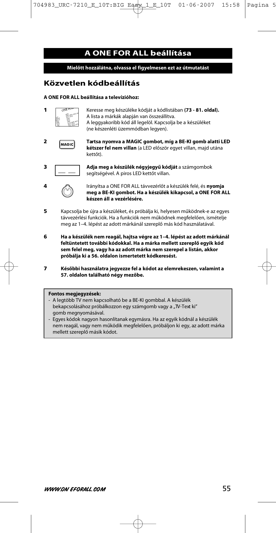 55 közvetlen kódbeállítás, A one for all beállítása | One for All URC-7210 User Manual | Page 55 / 86