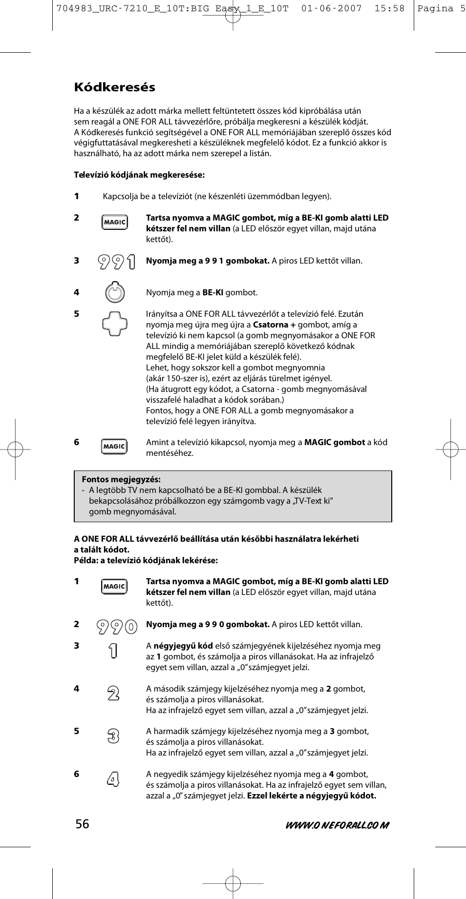 Kódkeresés | One for All URC-7210 User Manual | Page 56 / 86