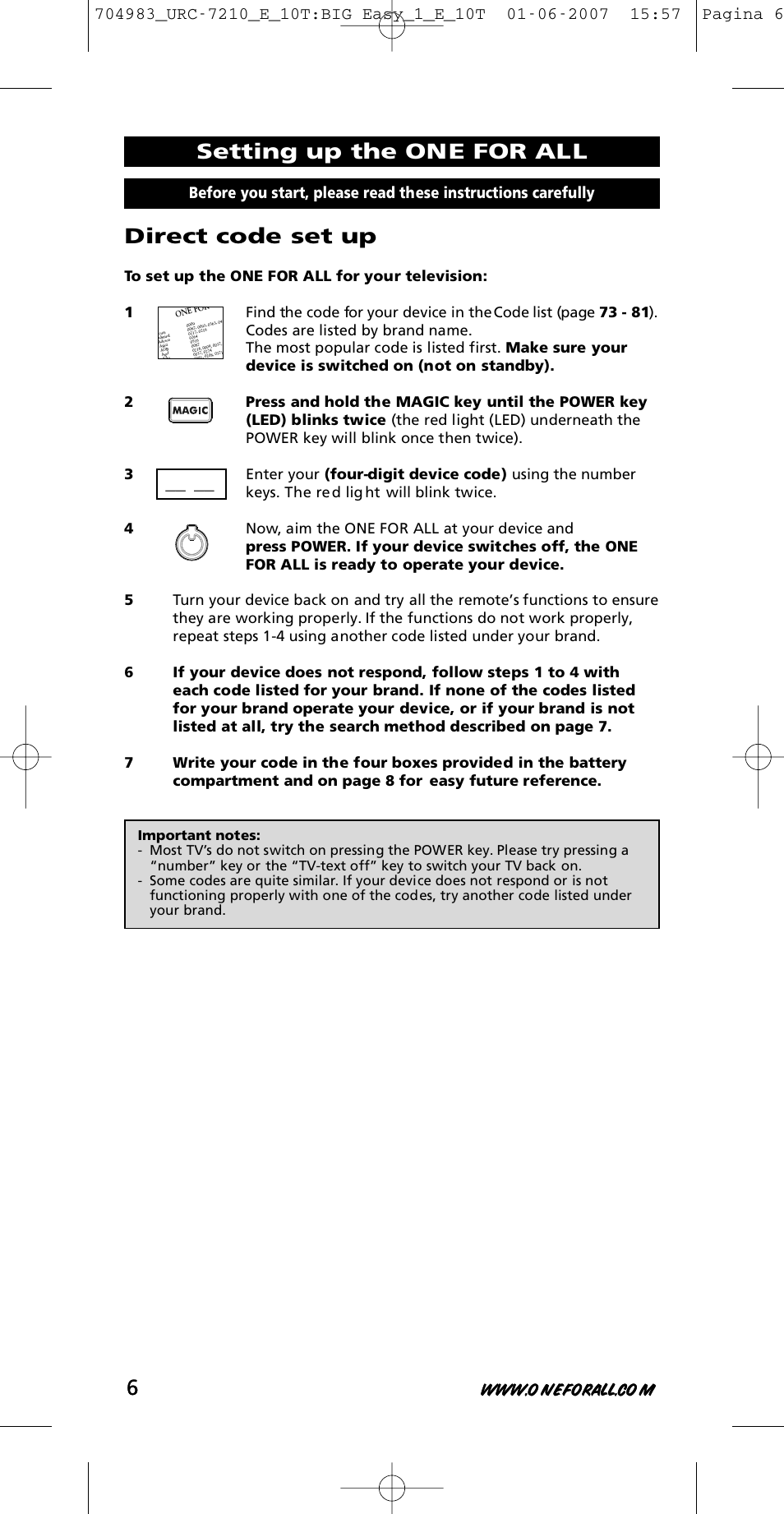 Direct code set up, Setting up the one for all | One for All URC-7210 User Manual | Page 6 / 86