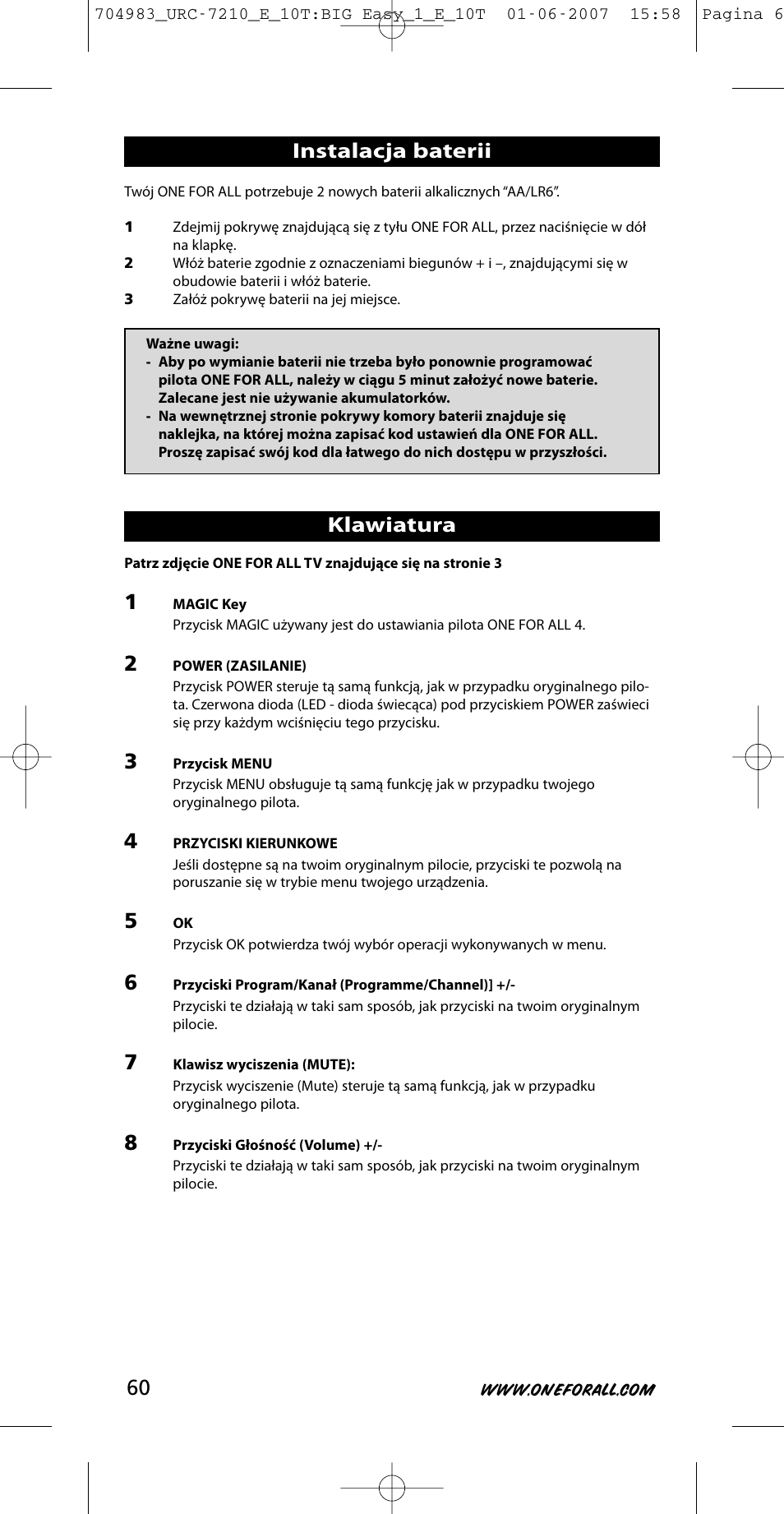 Instalacja baterii, Klawiatura | One for All URC-7210 User Manual | Page 60 / 86