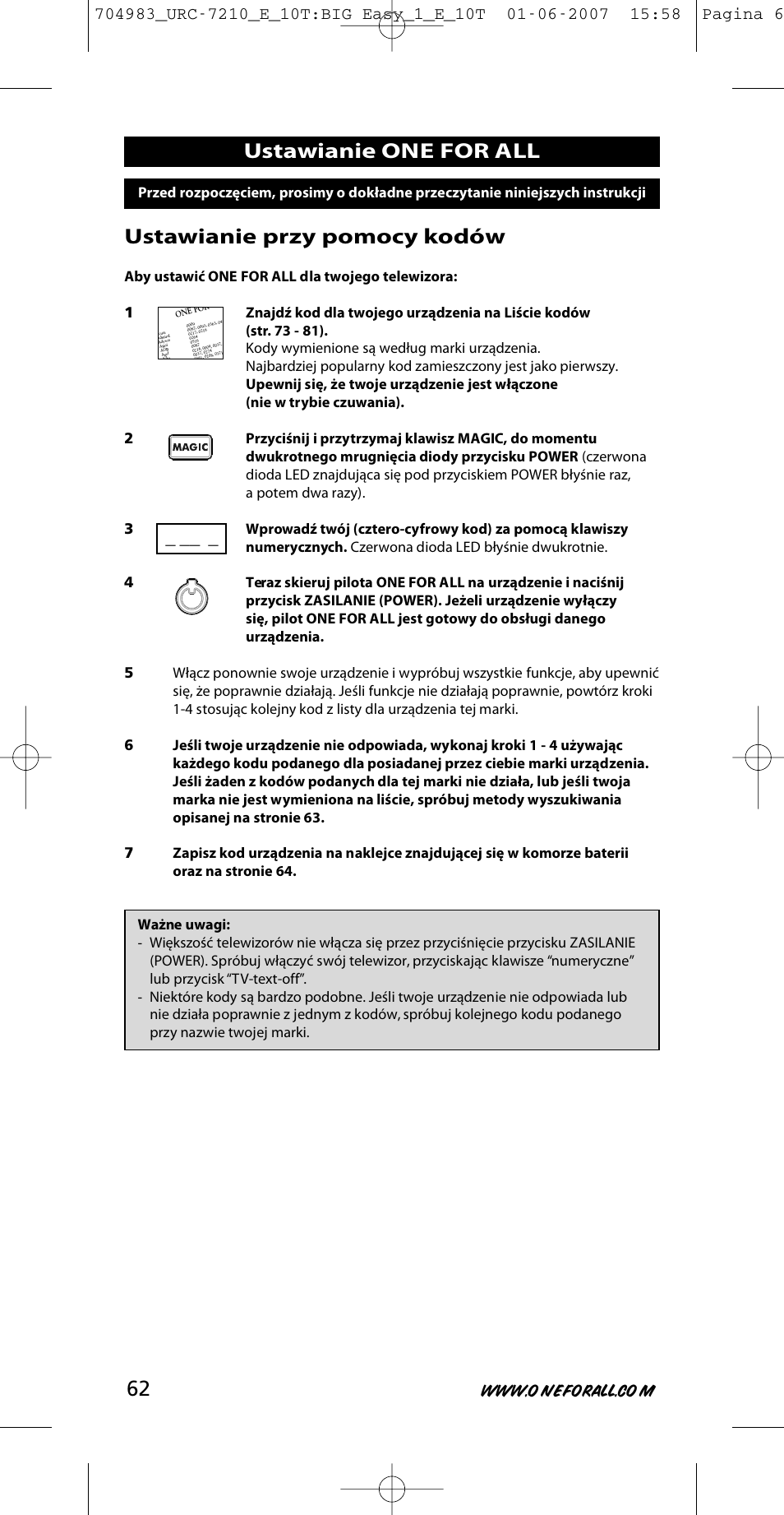 Ustawianie przy pomocy kodów, Ustawianie one for all | One for All URC-7210 User Manual | Page 62 / 86