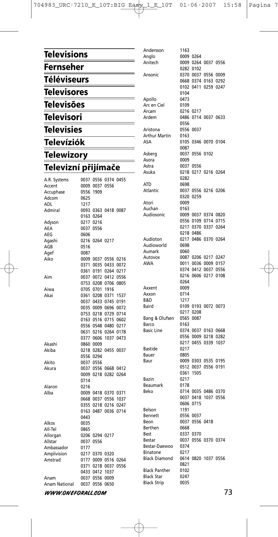 One for All URC-7210 User Manual | Page 73 / 86