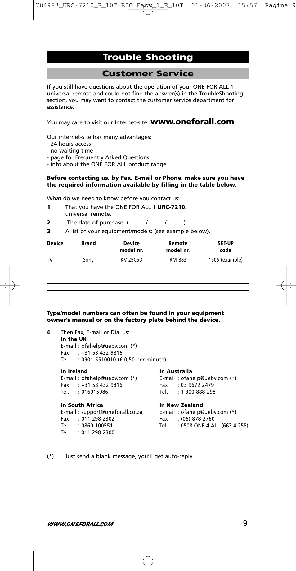 9customer service, Trouble shooting | One for All URC-7210 User Manual | Page 9 / 86