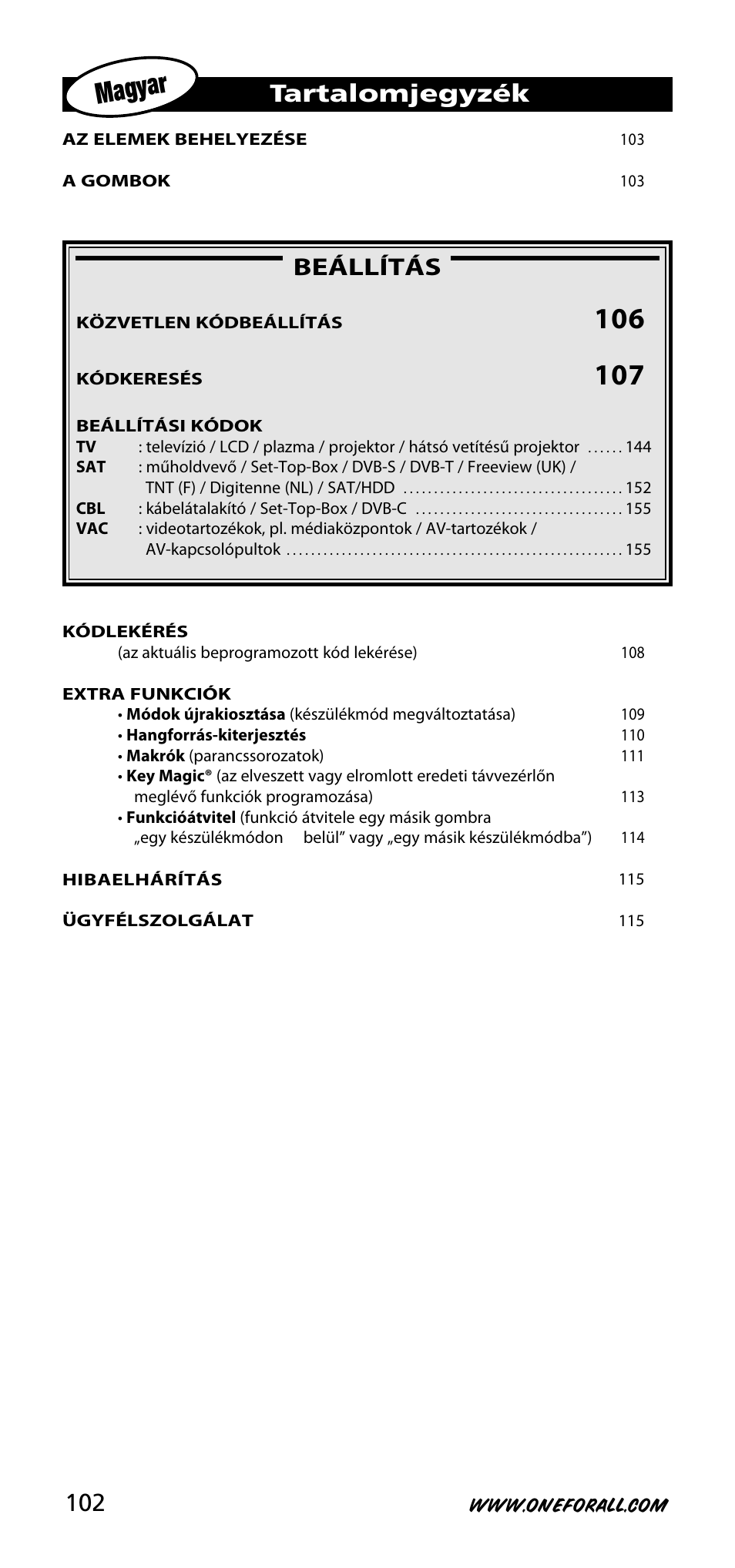 Magyar, Tartalomjegyzék, Beállítás | One for All URC-3720 User Manual | Page 102 / 166