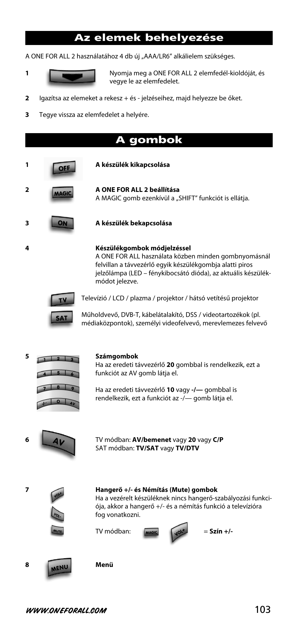 103 az elemek behelyezése, A gombok | One for All URC-3720 User Manual | Page 103 / 166