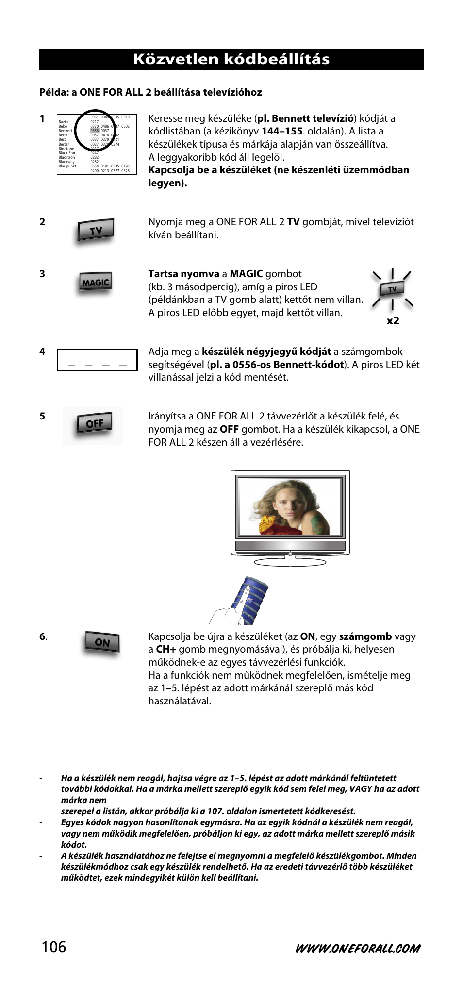 Közvetlen kódbeállítás | One for All URC-3720 User Manual | Page 106 / 166