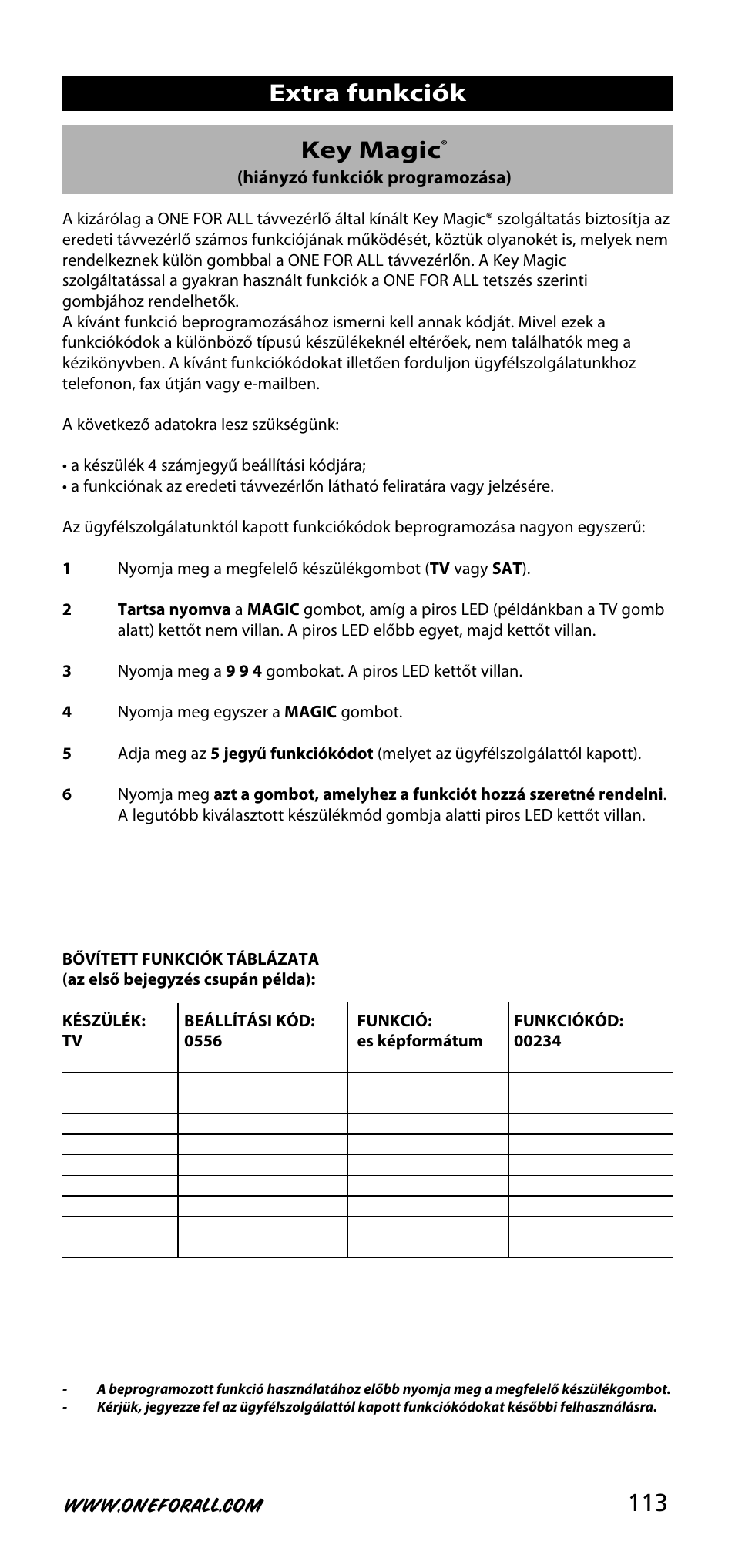 113 key magic, Extra funkciók | One for All URC-3720 User Manual | Page 113 / 166