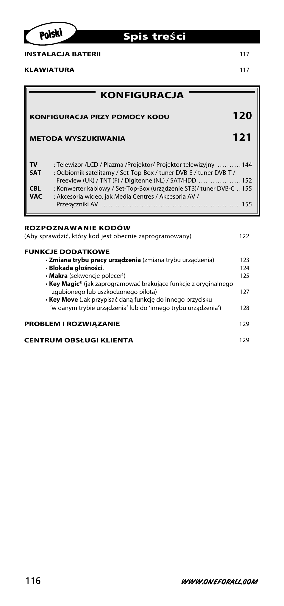 Polski, Konfiguracja, Spis tre ści | One for All URC-3720 User Manual | Page 116 / 166