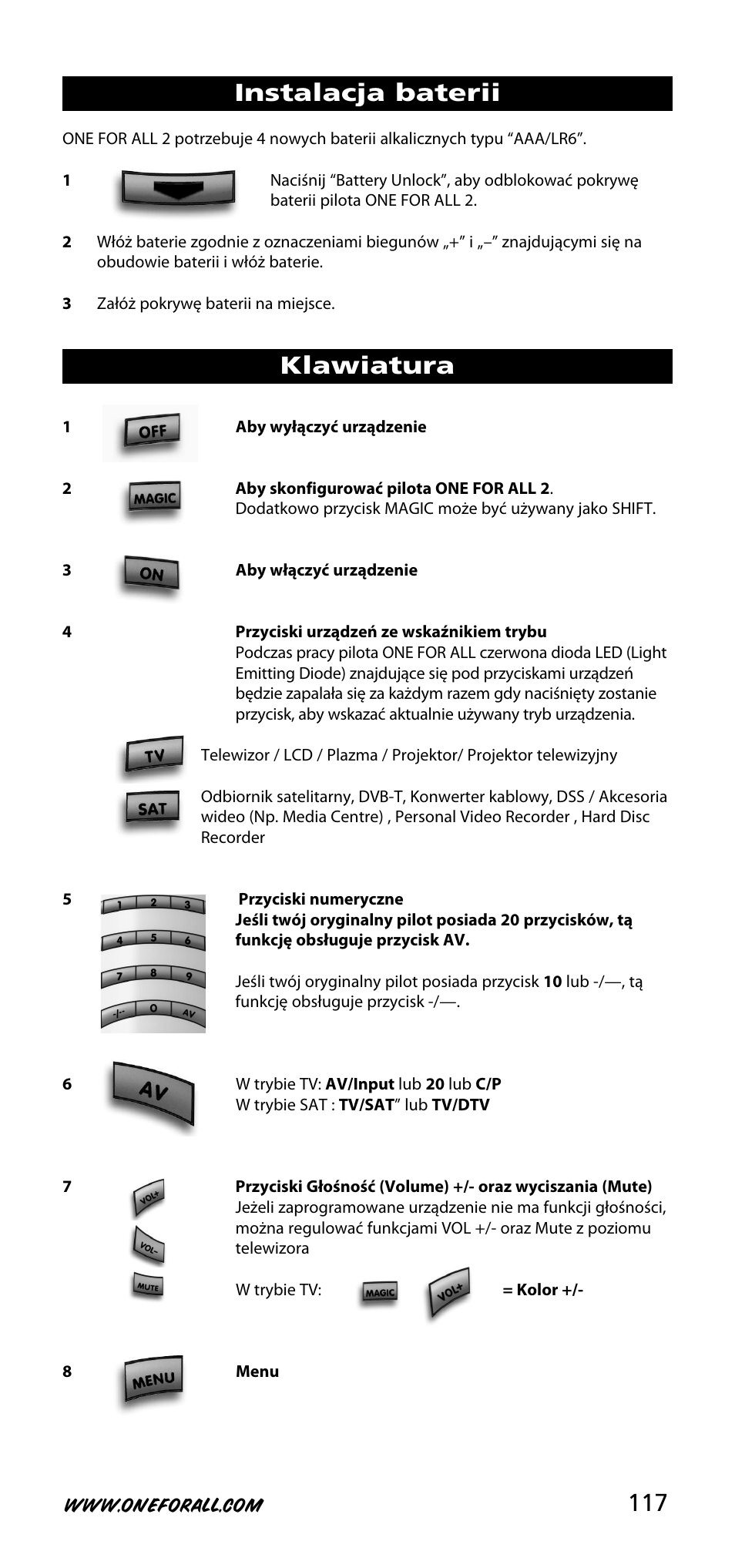 Instalacja baterii klawiatura | One for All URC-3720 User Manual | Page 117 / 166