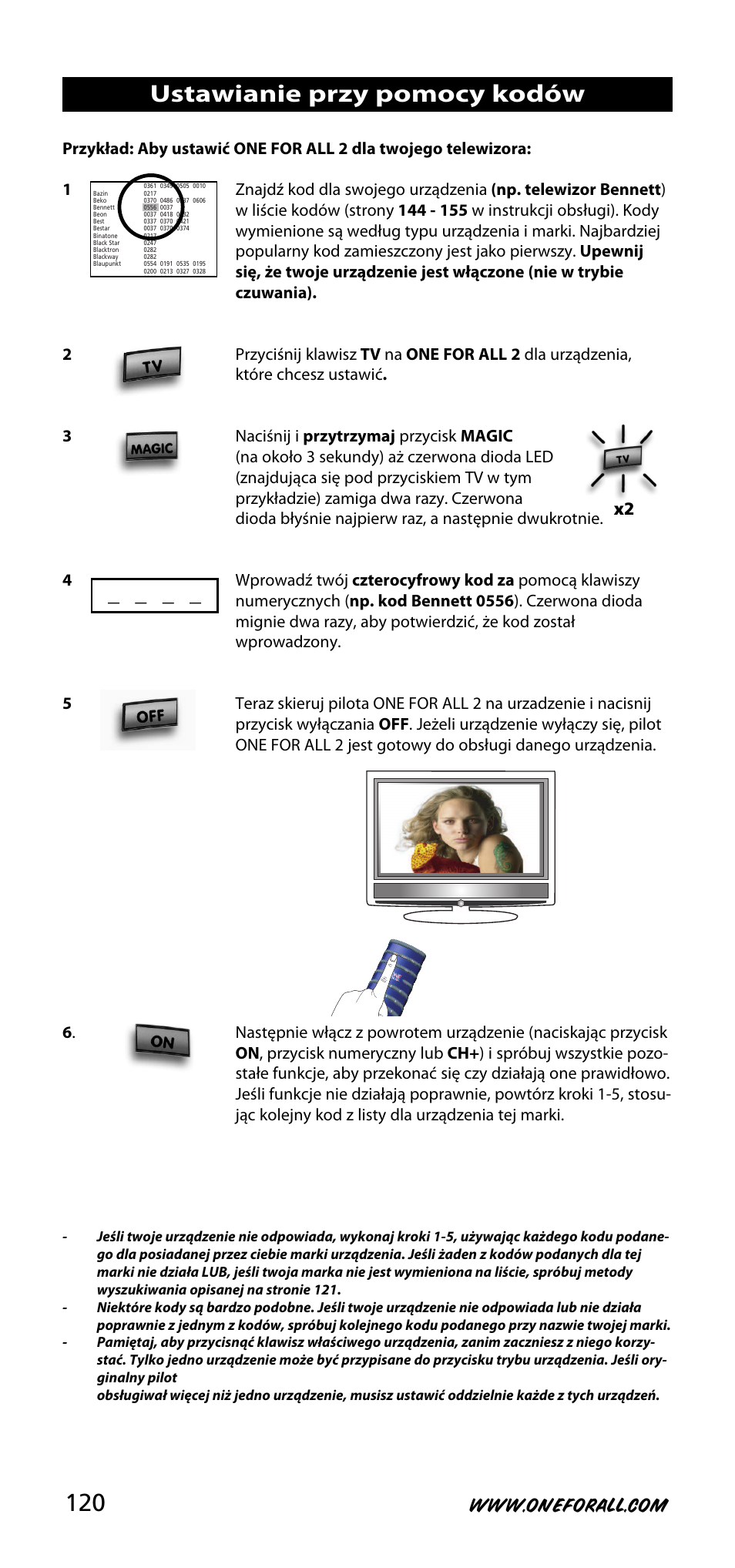 Ustawianie przy pomocy kodów | One for All URC-3720 User Manual | Page 120 / 166