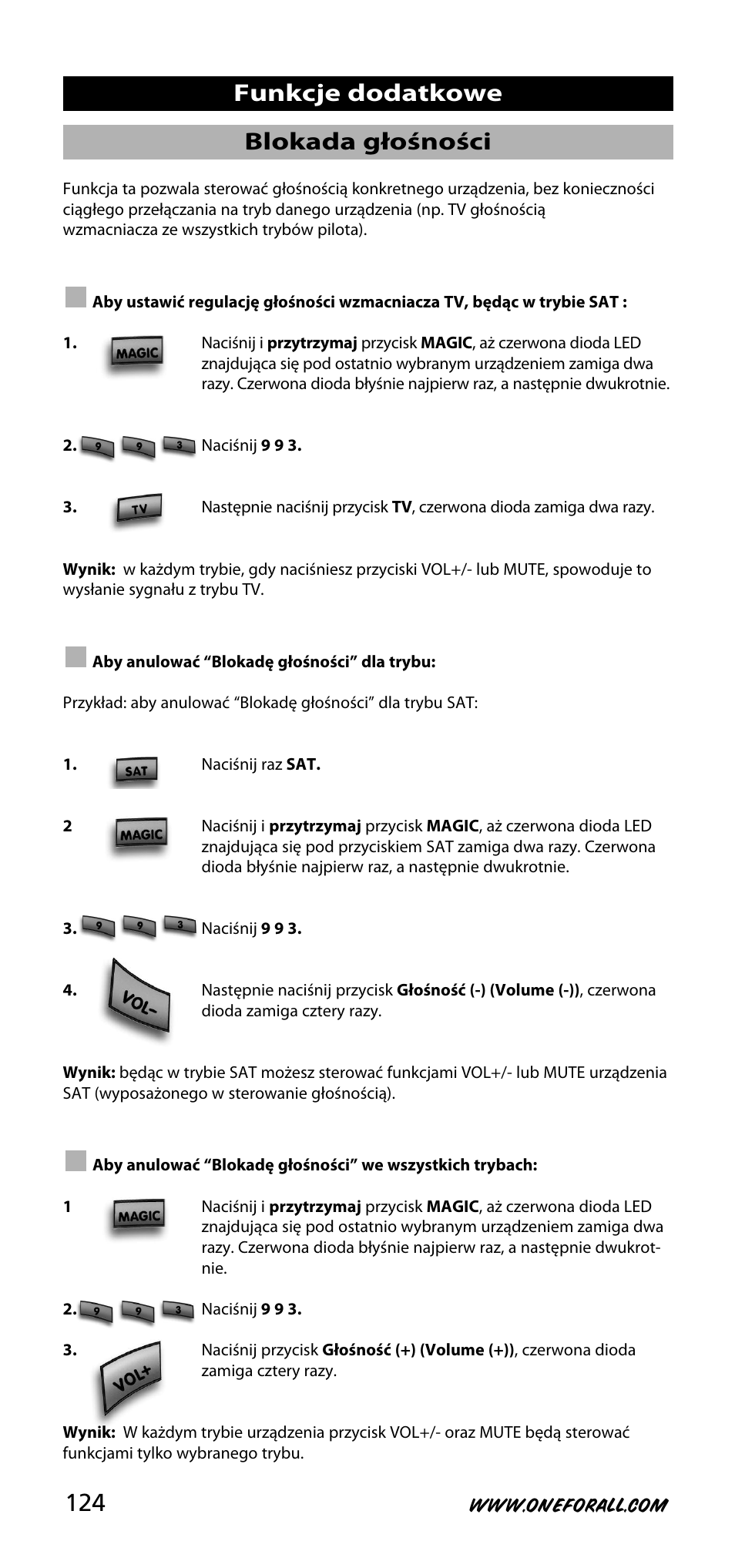 Blokada głośności, Funkcje dodatkowe | One for All URC-3720 User Manual | Page 124 / 166