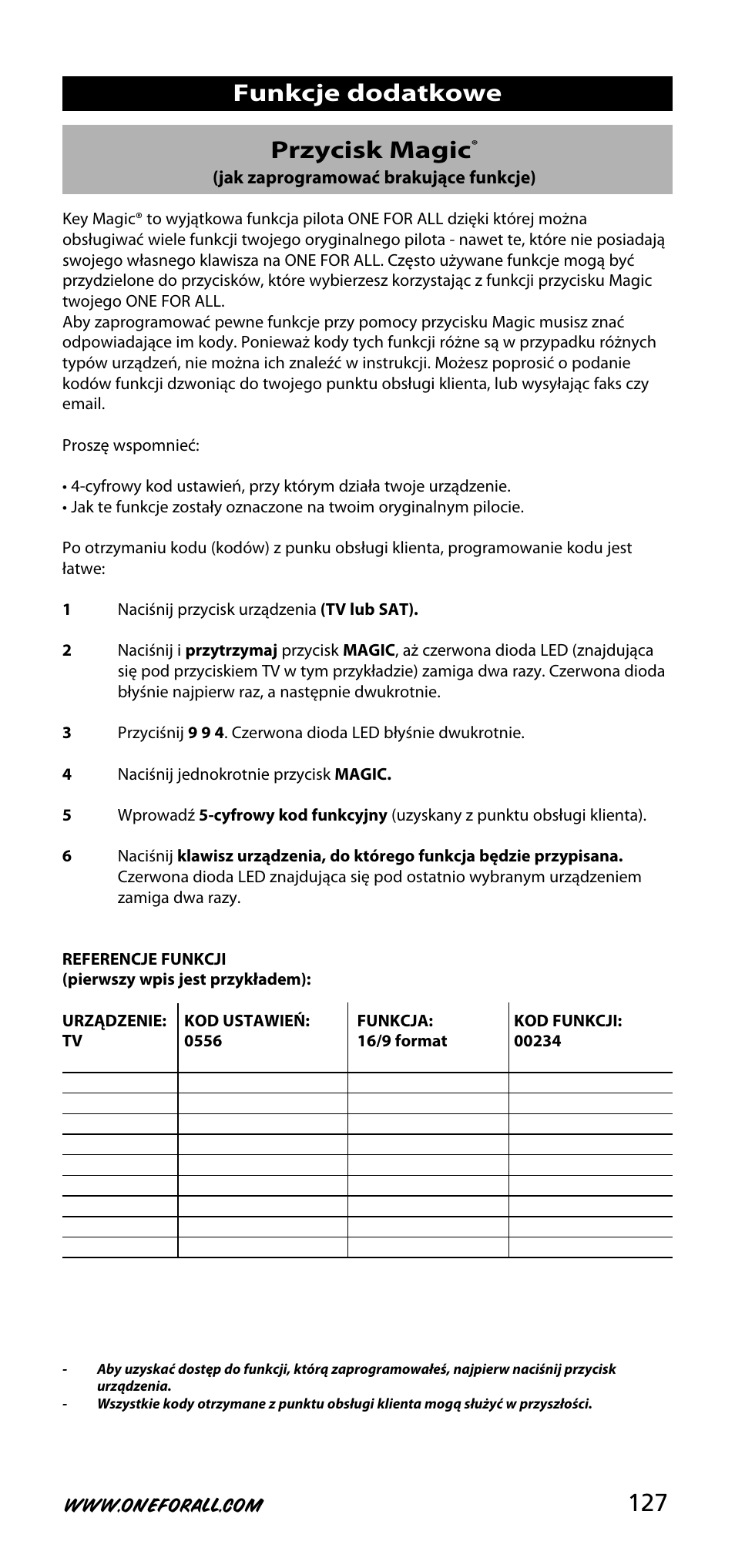 127 przycisk magic, Funkcje dodatkowe | One for All URC-3720 User Manual | Page 127 / 166