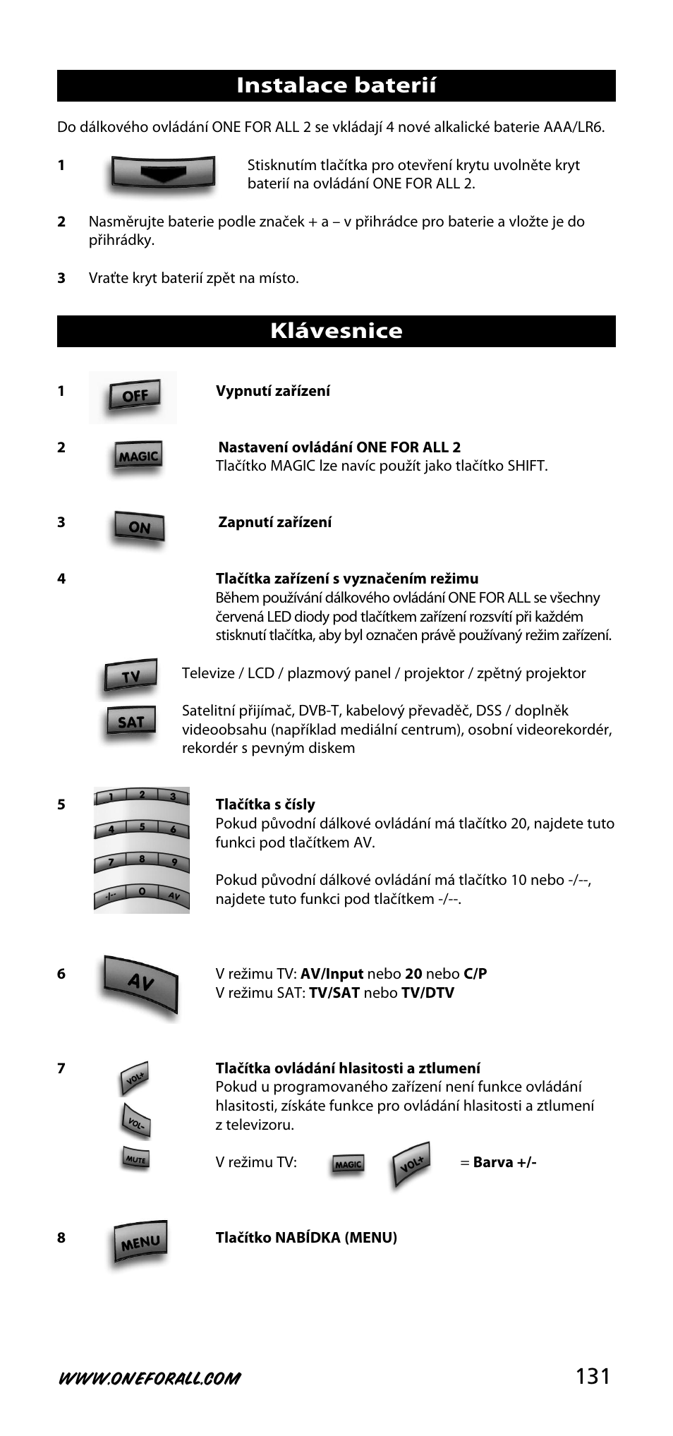 Instalace baterií klávesnice | One for All URC-3720 User Manual | Page 131 / 166