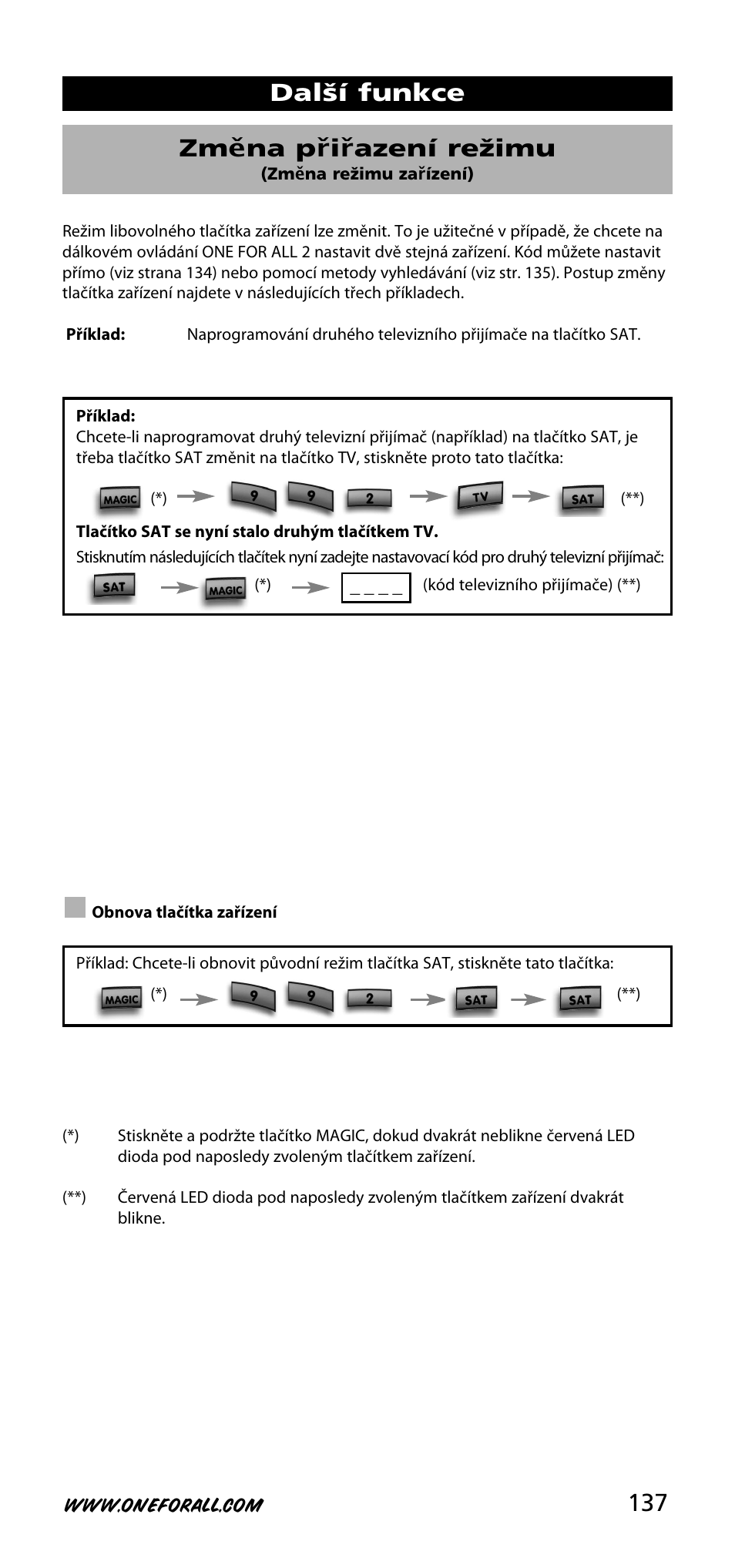 Další funkce zm ěna přiřazení režimu | One for All URC-3720 User Manual | Page 137 / 166