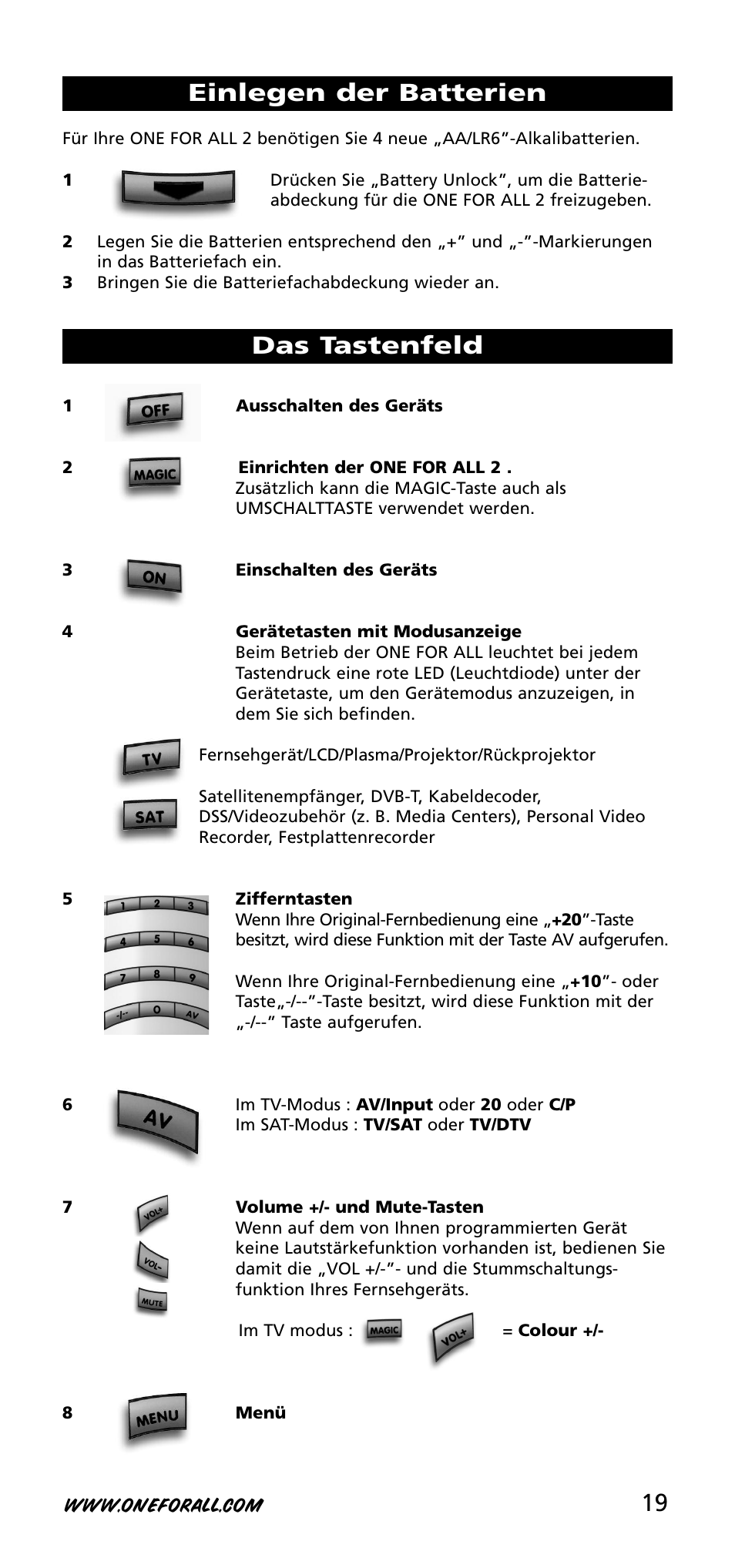 Einlegen der batterien das tastenfeld | One for All URC-3720 User Manual | Page 19 / 166